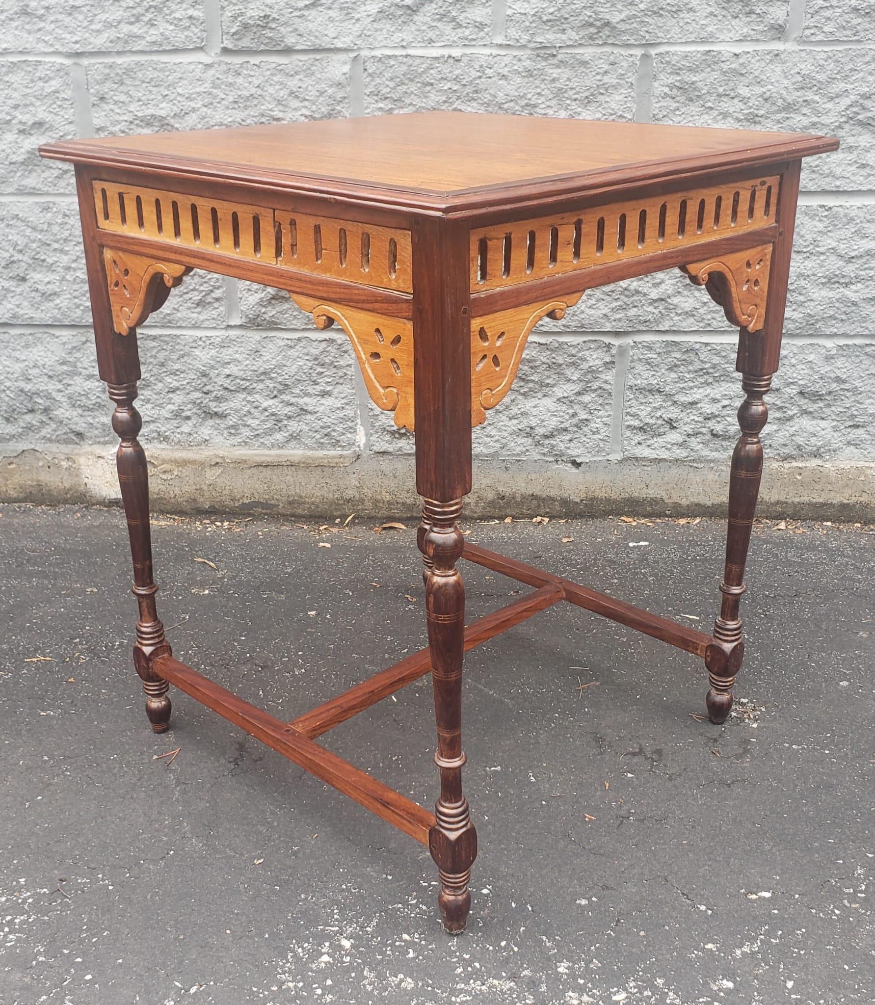 Hand-Carved Pair of Anglo-Indian Victorian Style Walnut and Rosewood Square Side Tables For Sale