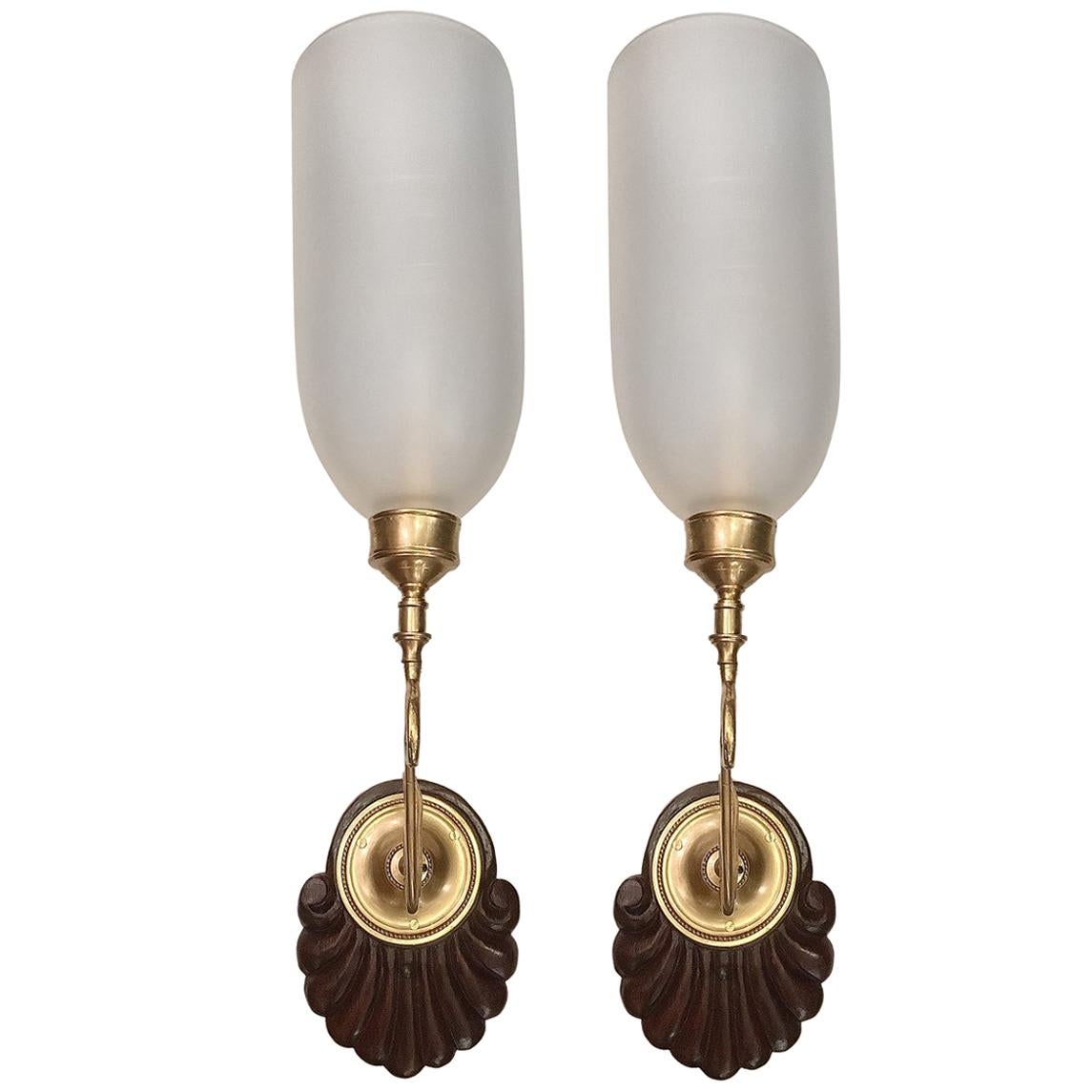 Pair of Anglo-Indian Wood and Frosted Glass Sconces