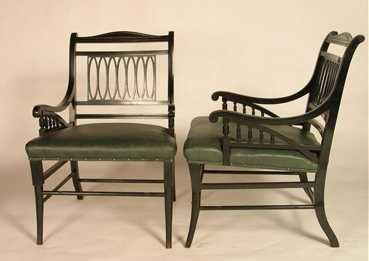 19th Century Pair of Anglo-Japanese Ebonized Open Armchairs. Attributed to Jas Shoolbred For Sale