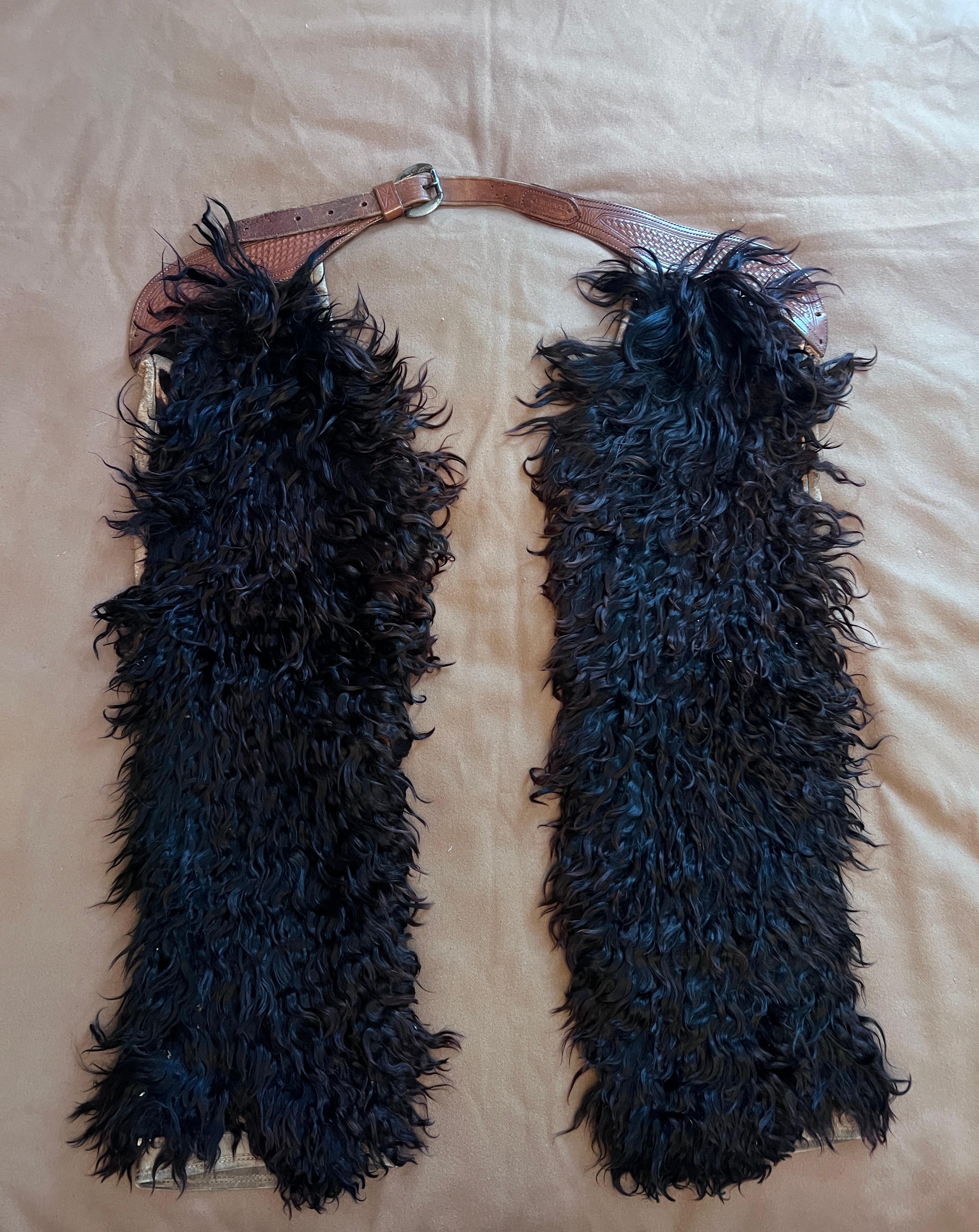 Pair of Angora Fur and Tooled Leather Chaps In Good Condition In Los Angeles, CA