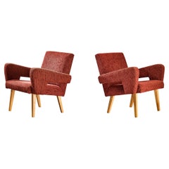 Pair of Angular Armchairs in Red Upholstery 