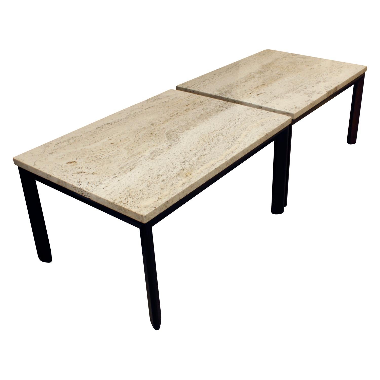Mid-Century Modern Pair of Angular Leg Coffee Tables with Travertine Tops, 1950s For Sale