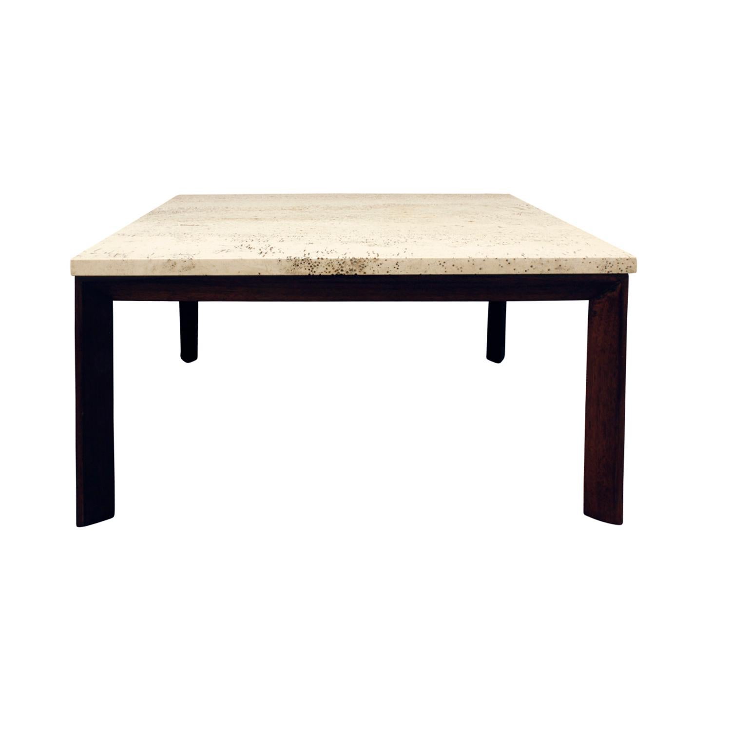 American Pair of Angular Leg Coffee Tables with Travertine Tops, 1950s For Sale