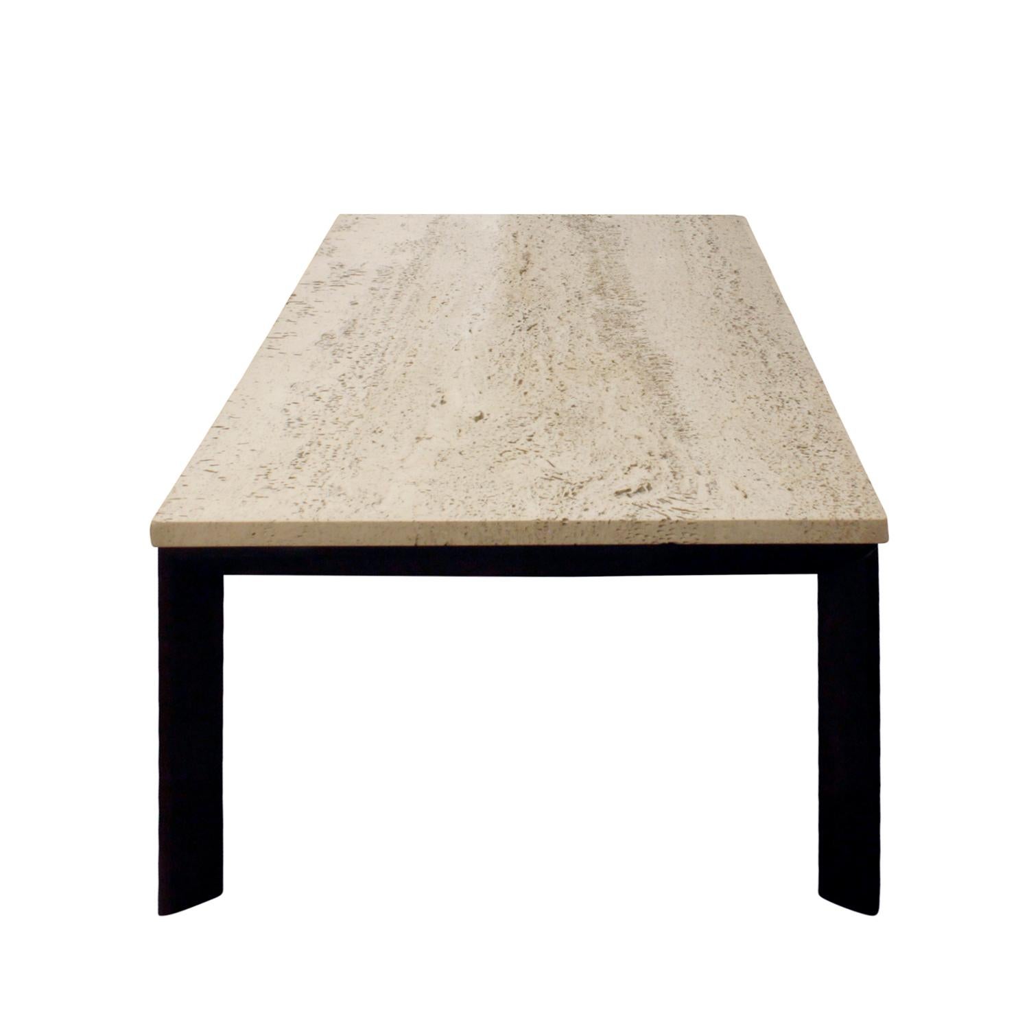 Hand-Crafted Pair of Angular Leg Coffee Tables with Travertine Tops, 1950s For Sale