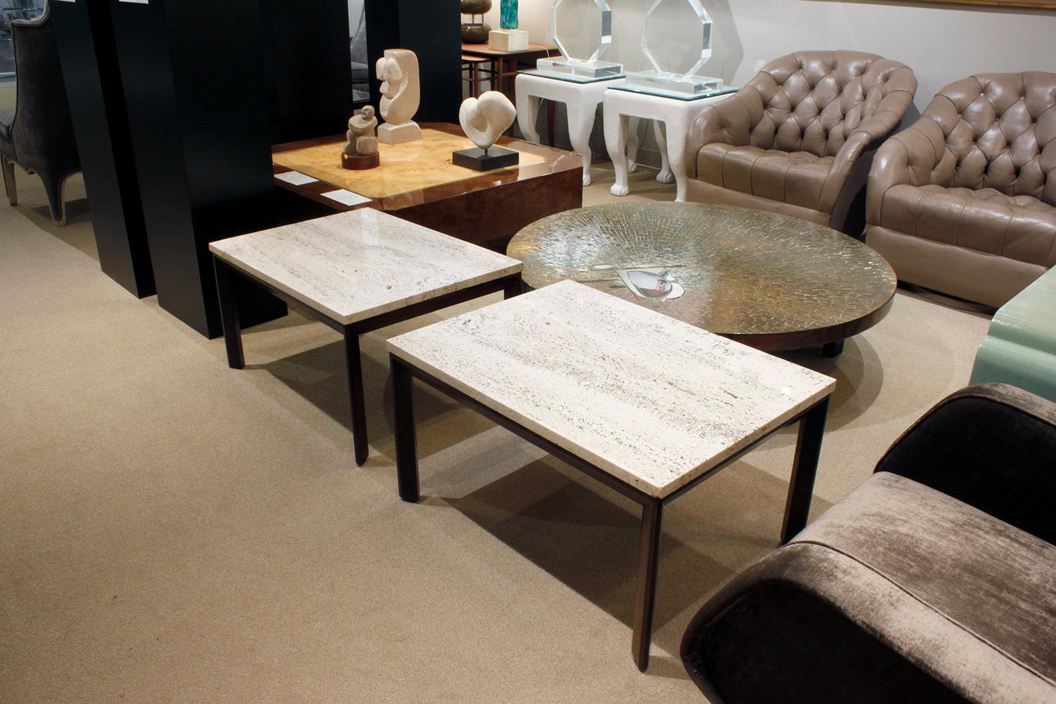 Mid-20th Century Pair of Angular Leg Coffee Tables with Travertine Tops, 1950s For Sale