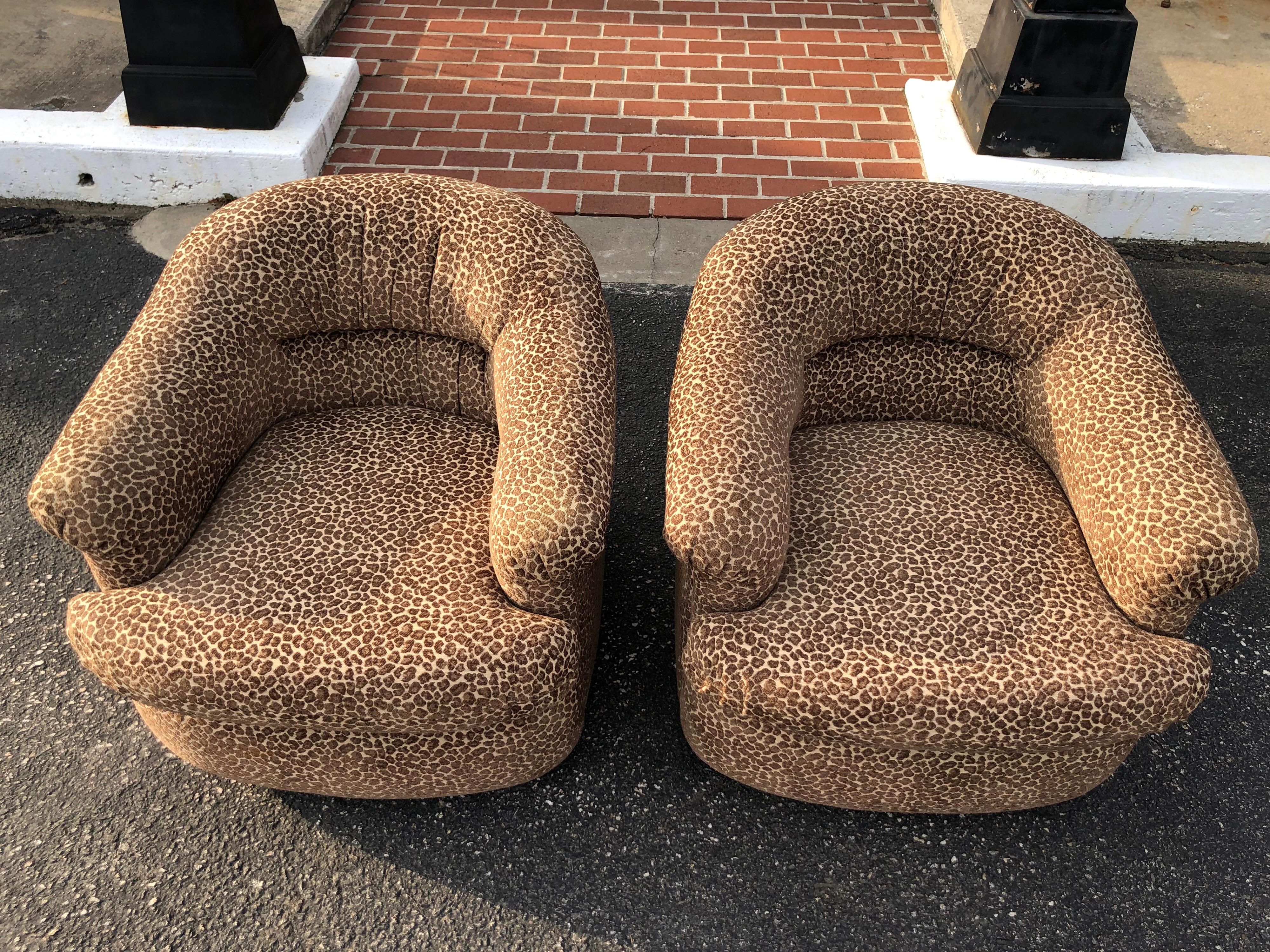 Hollywood Regency Pair of Mid Century Animal Print Club Chairs on Casters