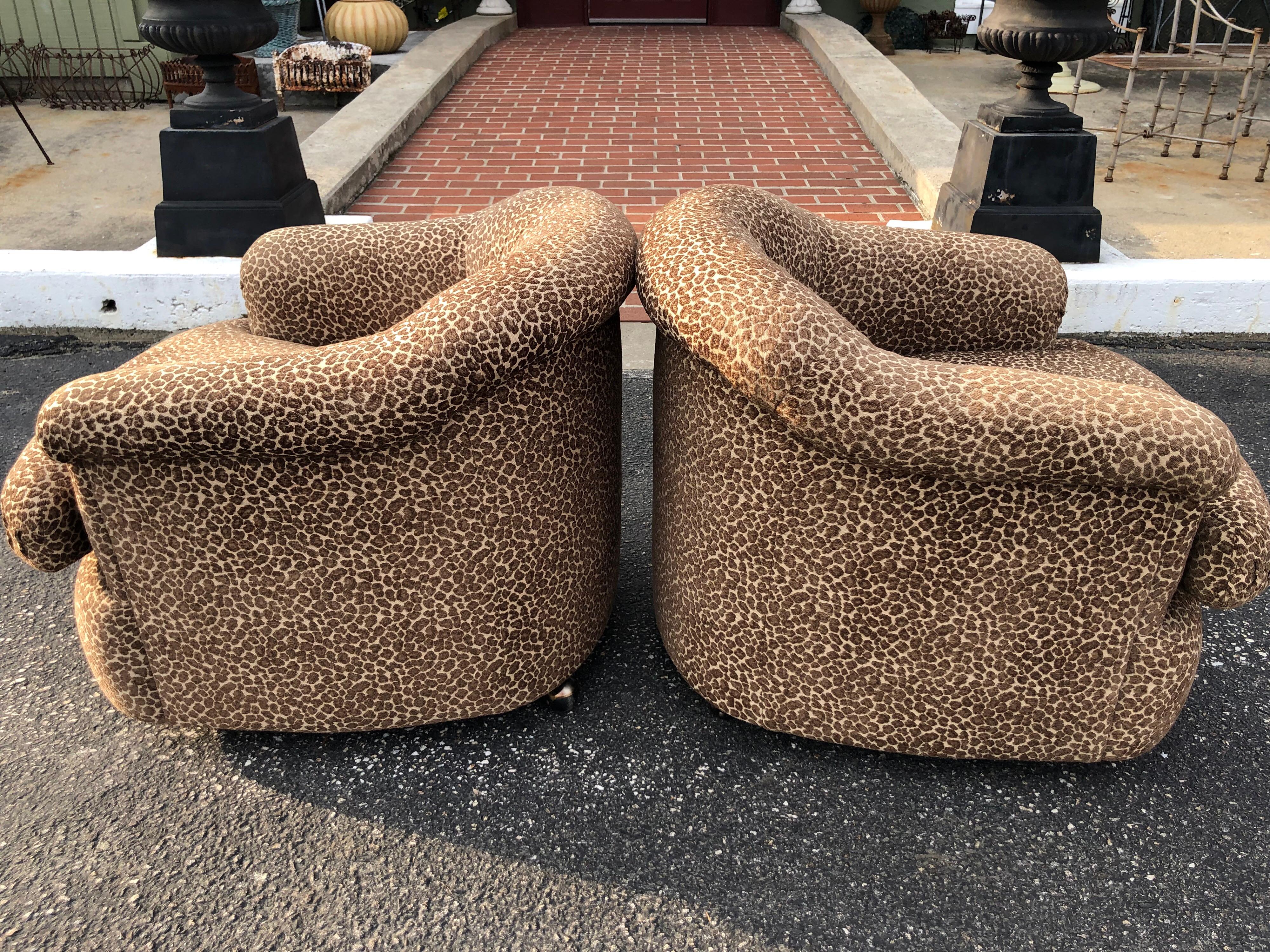 Pair of Mid Century Animal Print Club Chairs on Casters In Good Condition In Redding, CT