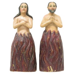 Antique Pair of Anime Sola or Lonely Souls Carved and Polychromed Figures