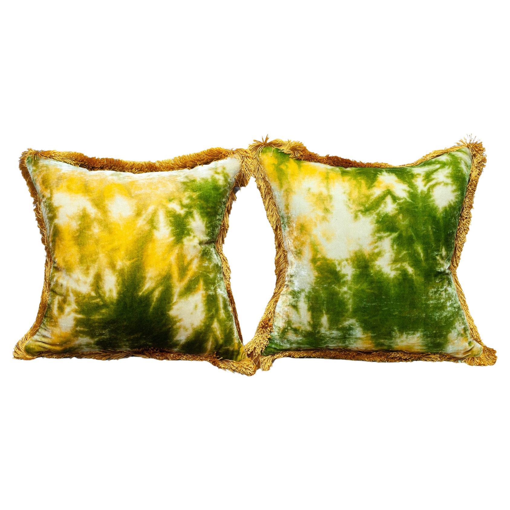 Pair of Anke Dreschel Green and Gold Silk Velvet Pillows with Fringe Trim For Sale