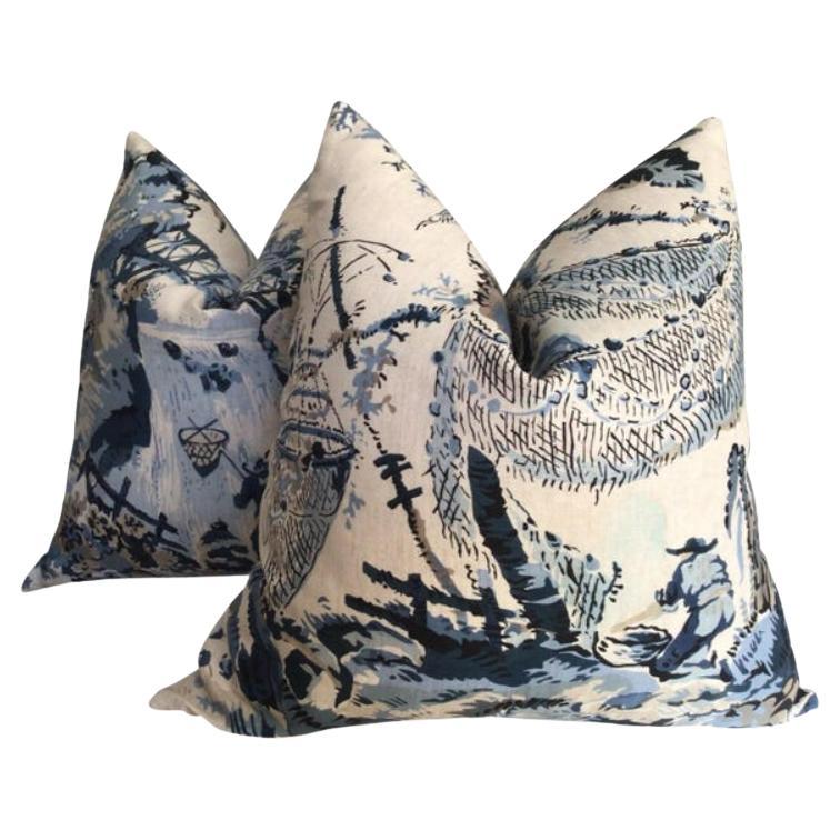 Coppia di Anna French per Thibaut "Moorea" con cuscini blu