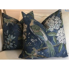 Pair of Anna French “Villeneuve” in Navy and Green Bird and Floral Pillows