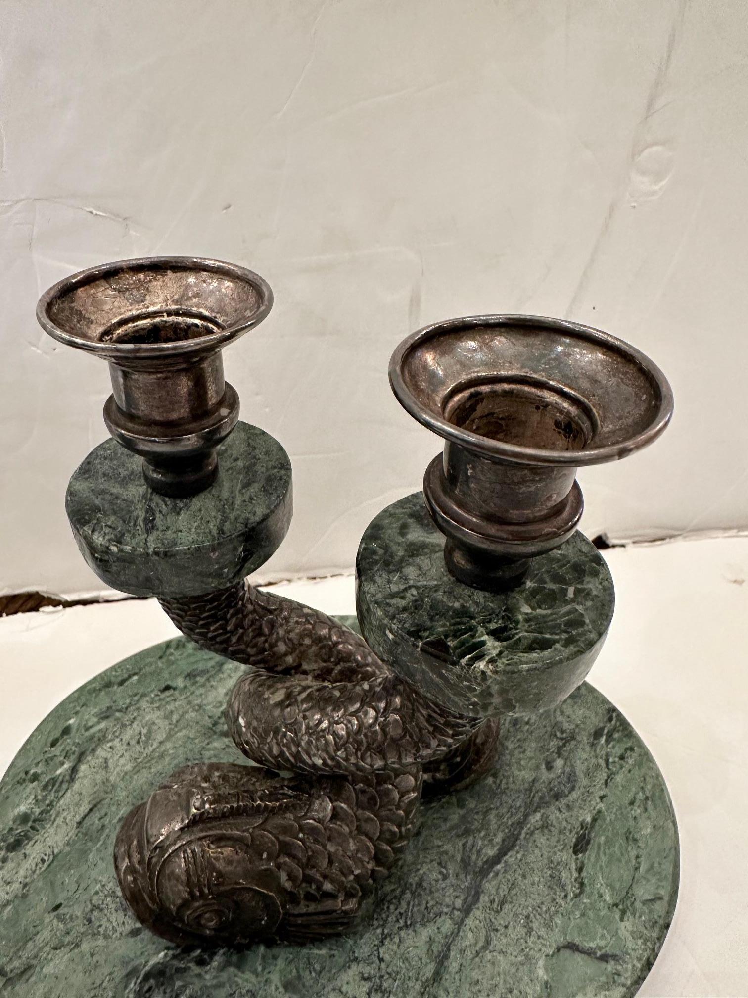 Mid-Century Modern  Pair of Anthony Redmile Designer Marble and Silverplate Dolphin Candlesticks For Sale