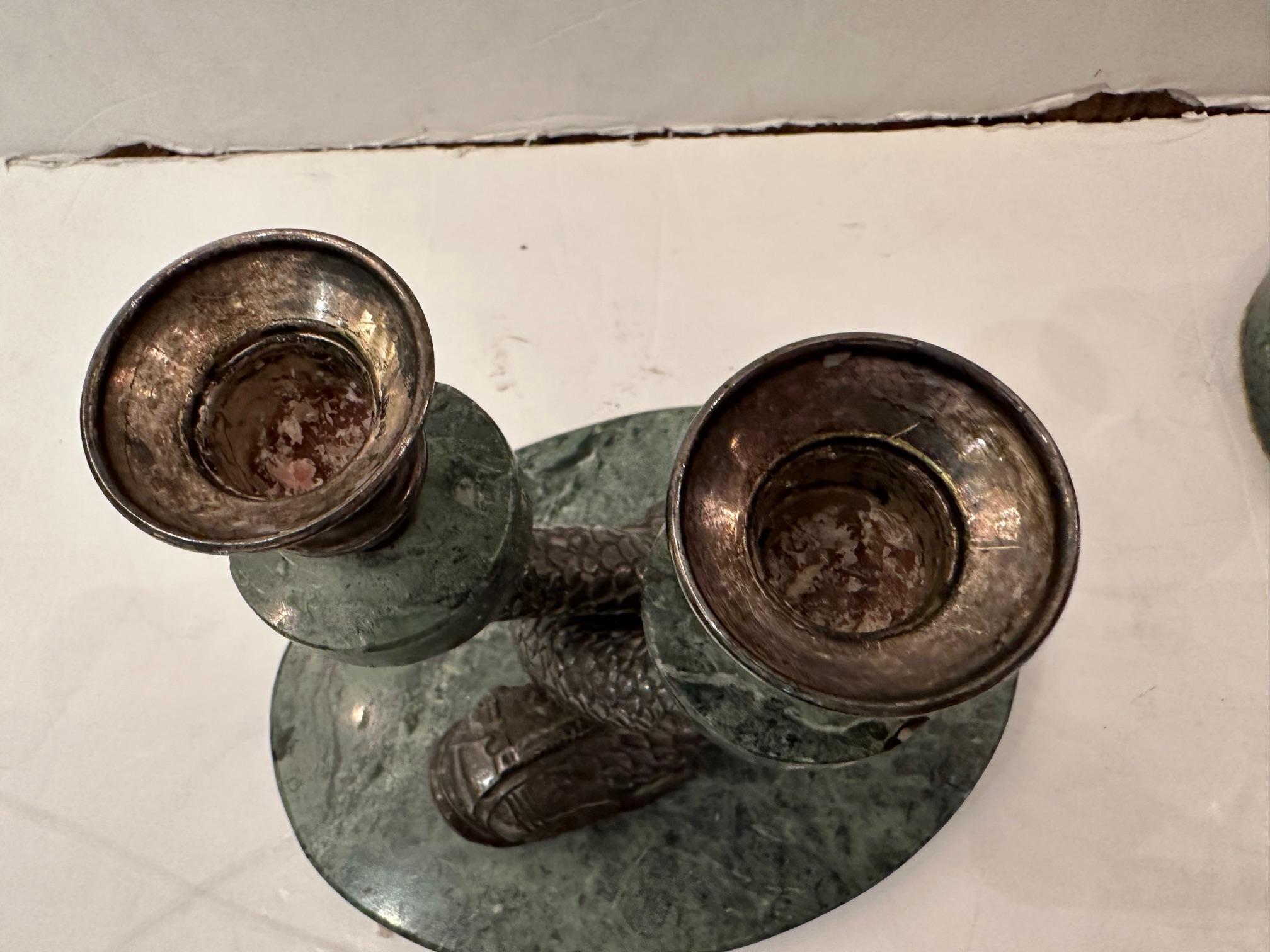 Late 20th Century  Pair of Anthony Redmile Designer Marble and Silverplate Dolphin Candlesticks For Sale