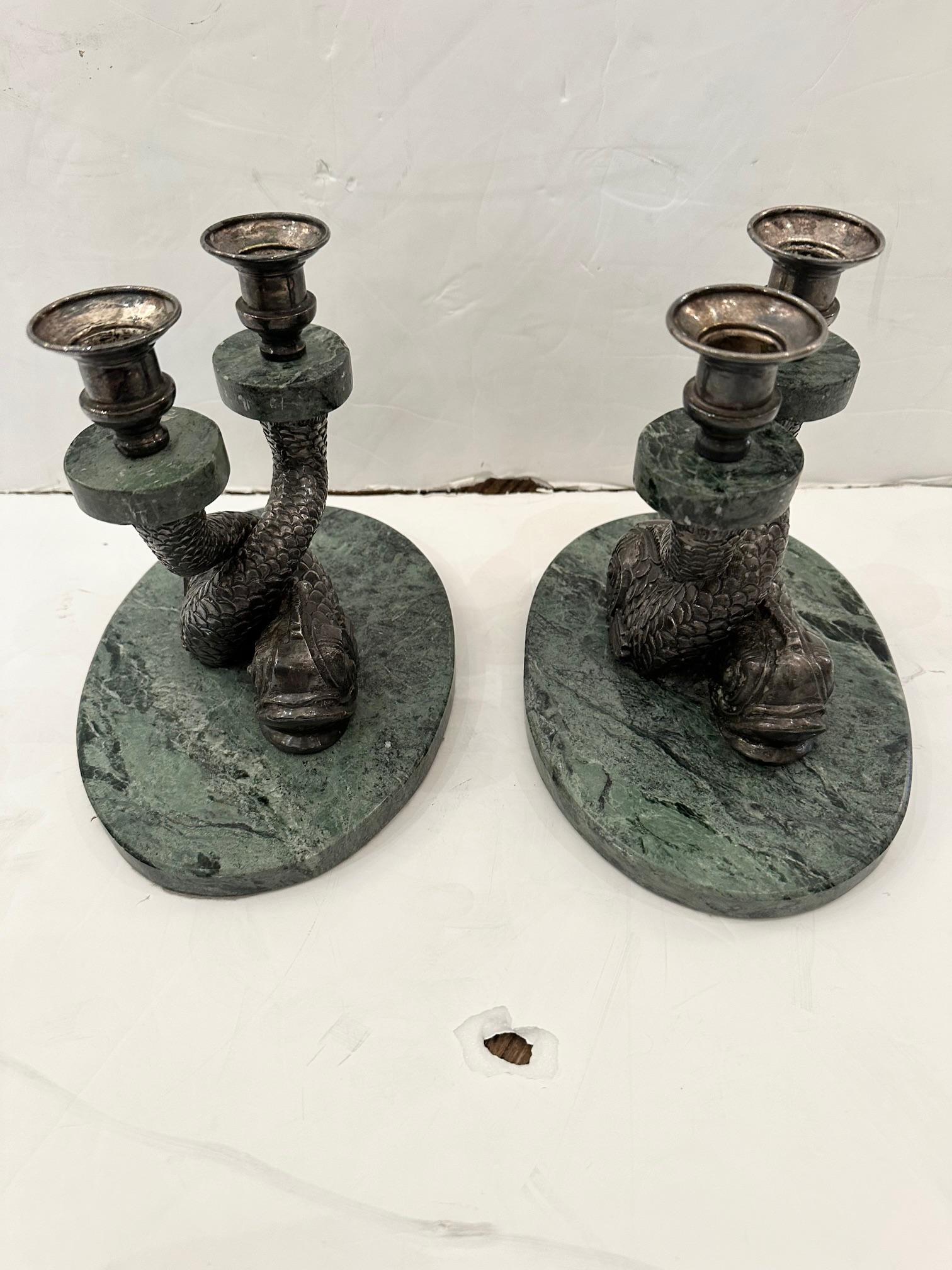  Pair of Anthony Redmile Designer Marble and Silverplate Dolphin Candlesticks For Sale 1
