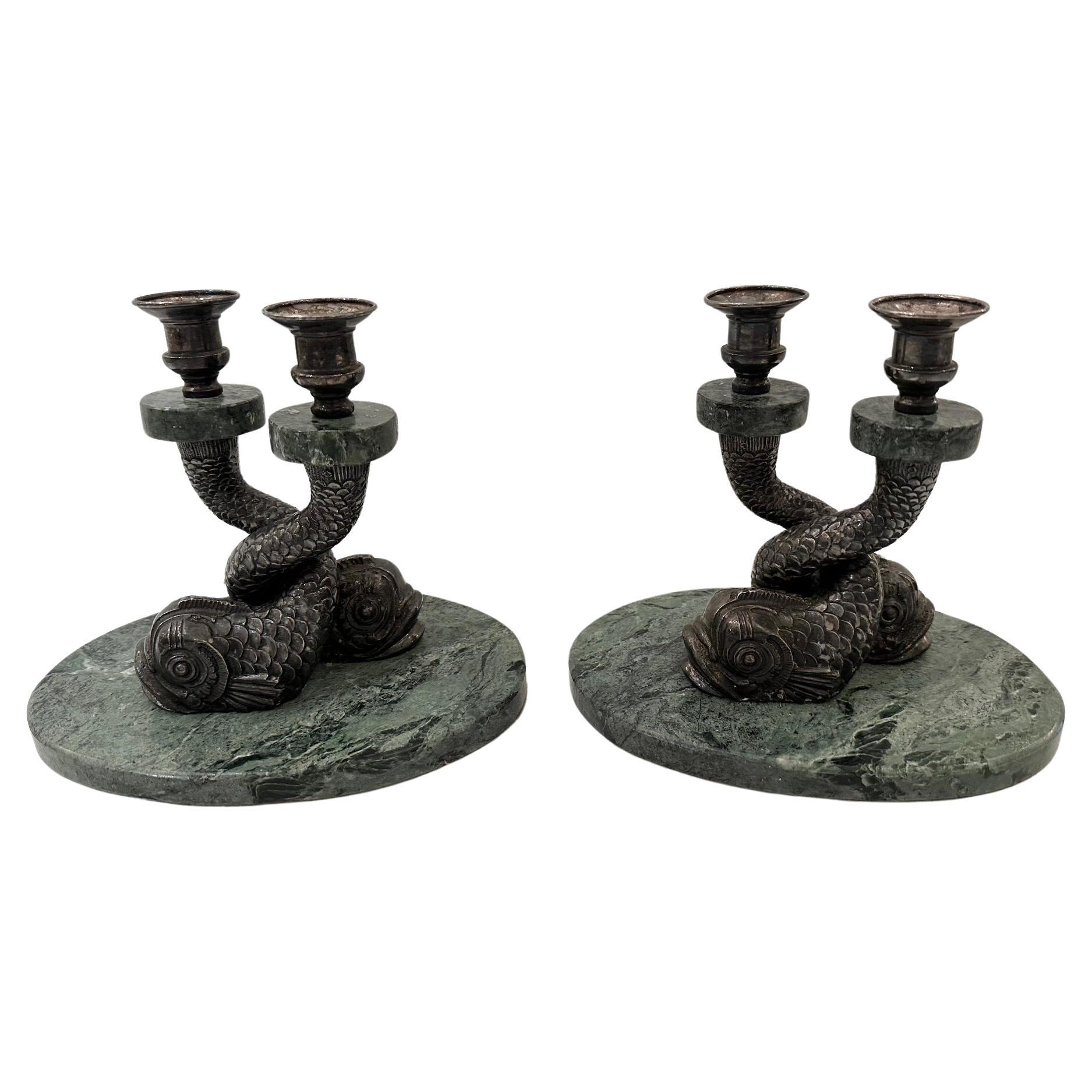  Pair of Anthony Redmile Designer Marble and Silverplate Dolphin Candlesticks For Sale