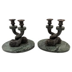  Pair of Anthony Redmile Designer Marble and Silverplate Dolphin Candlesticks