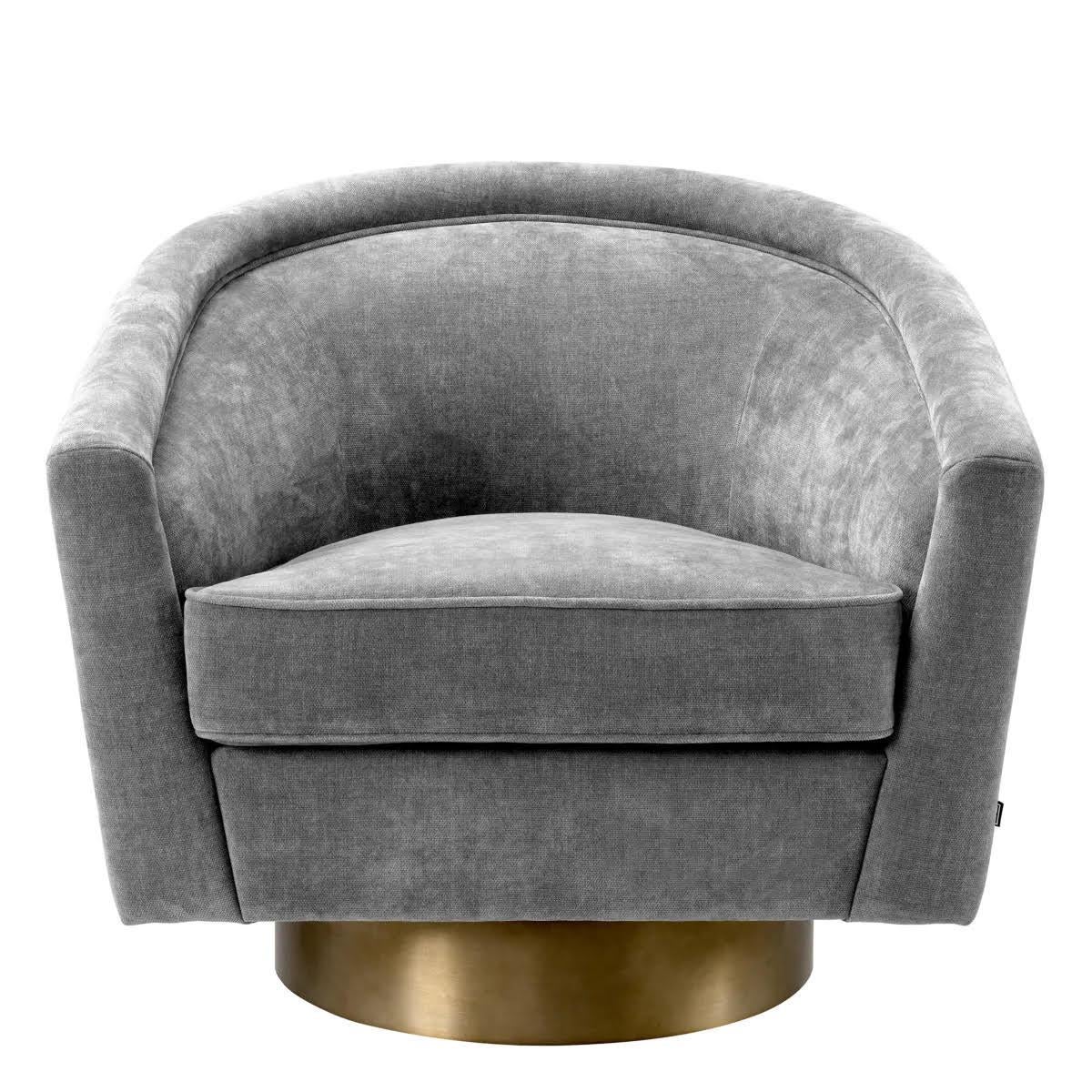 Francese Coppia di poltrone in tessuto grigio antracite con base girevole in oro opaco. in vendita