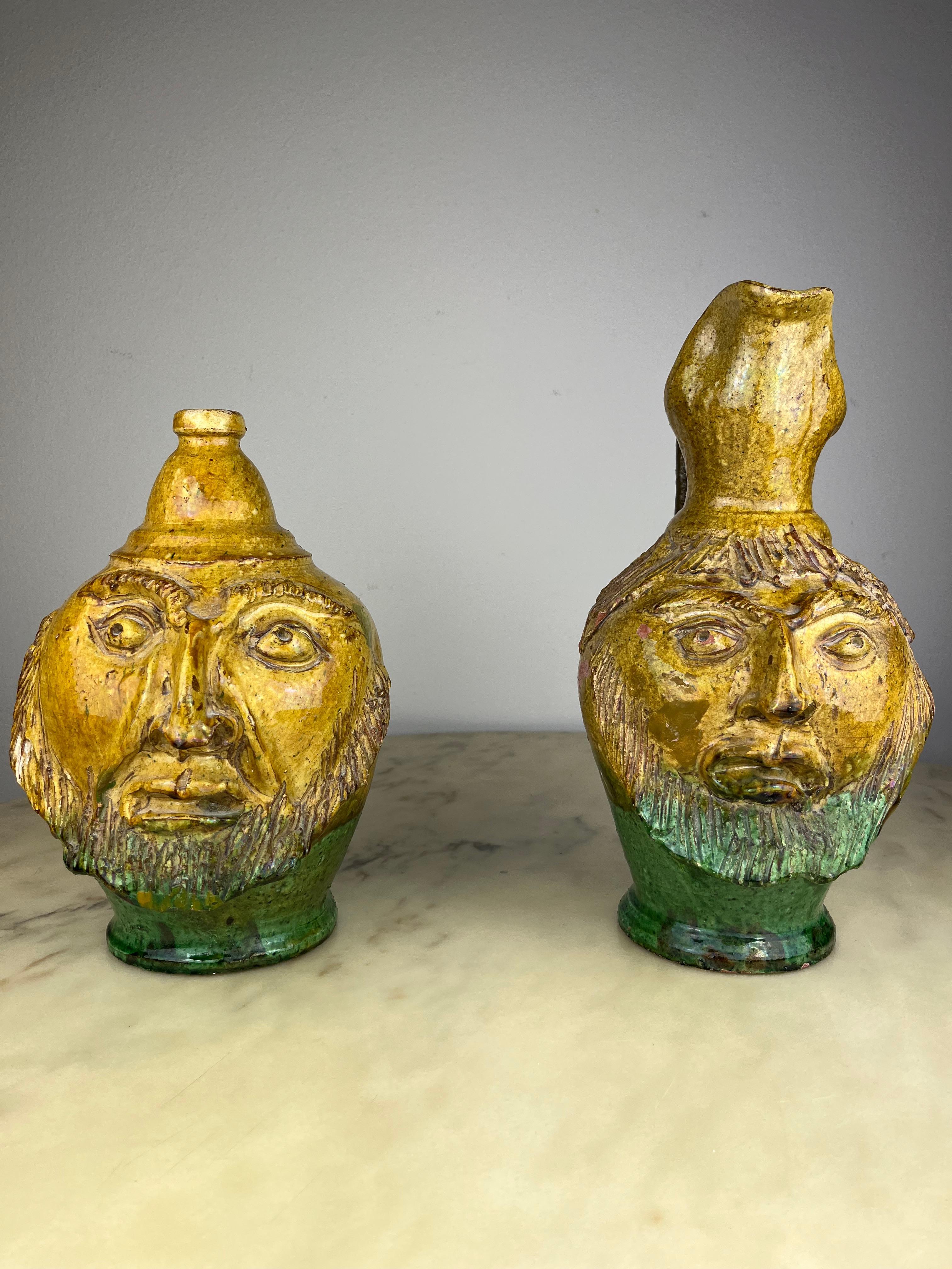 Pair of anthropomorphic jugs in glazed terracotta, Italy, 1930.
Found in a noble villa in the Sicilian hinterland.
Small shortcomings.
Objects that are unobtainable and extremely rare today.
One is 35 cm high and has a diameter of 19 cm. The