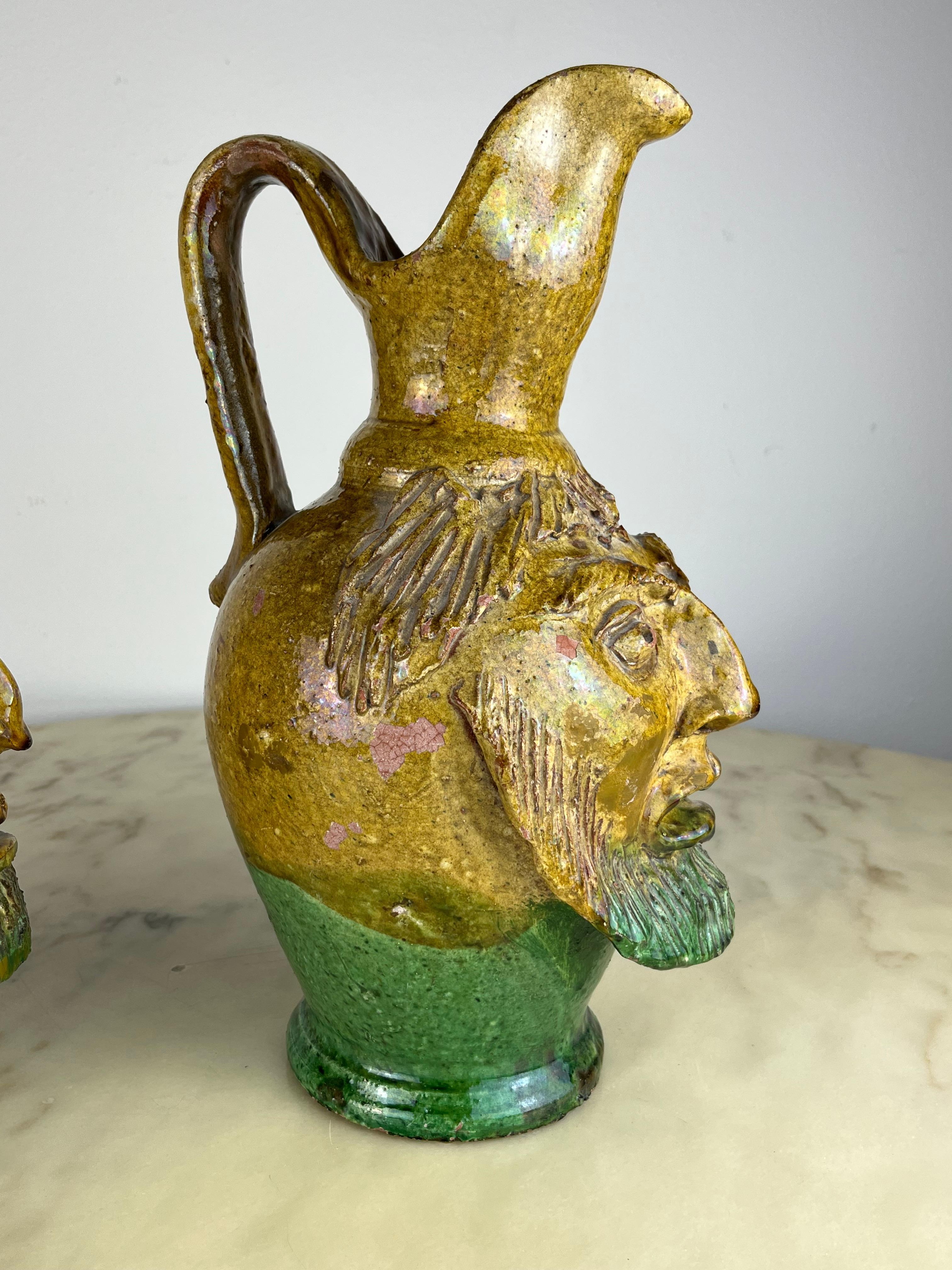 Italian Set of 2  Anthropomorphic Jugs in Glazed Terracotta Made In Italy  1930s For Sale