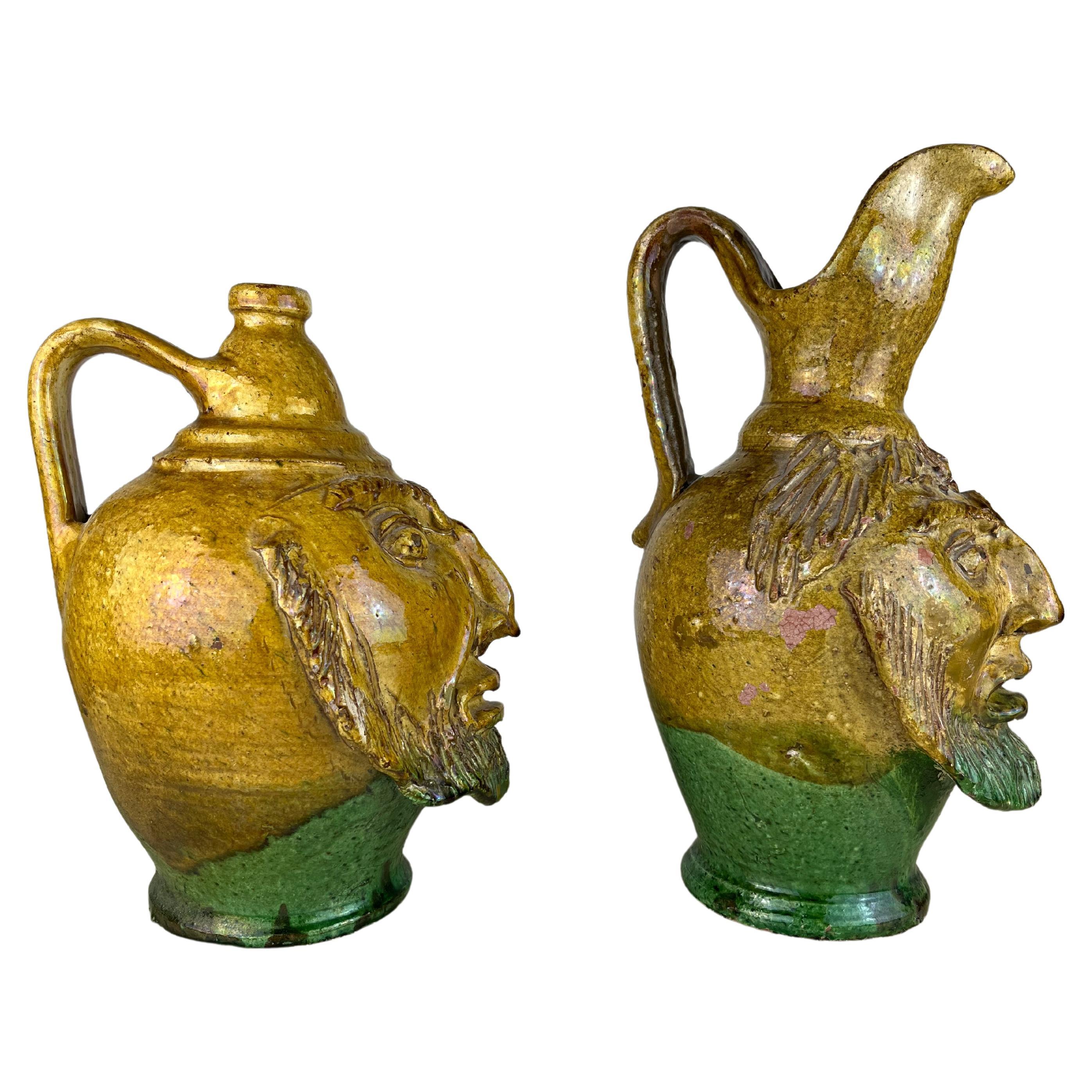 Set of 2  Anthropomorphic Jugs in Glazed Terracotta Made In Italy  1930s For Sale