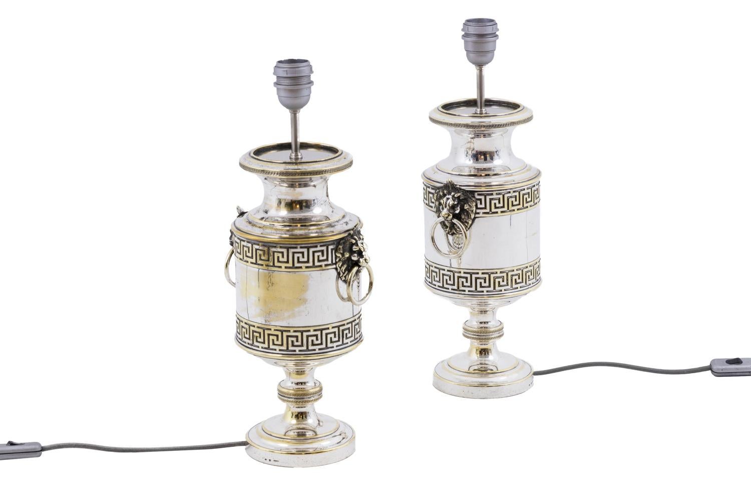 Neoclassical Pair of Antic Style Lamps in Silvered Metal, circa 1900