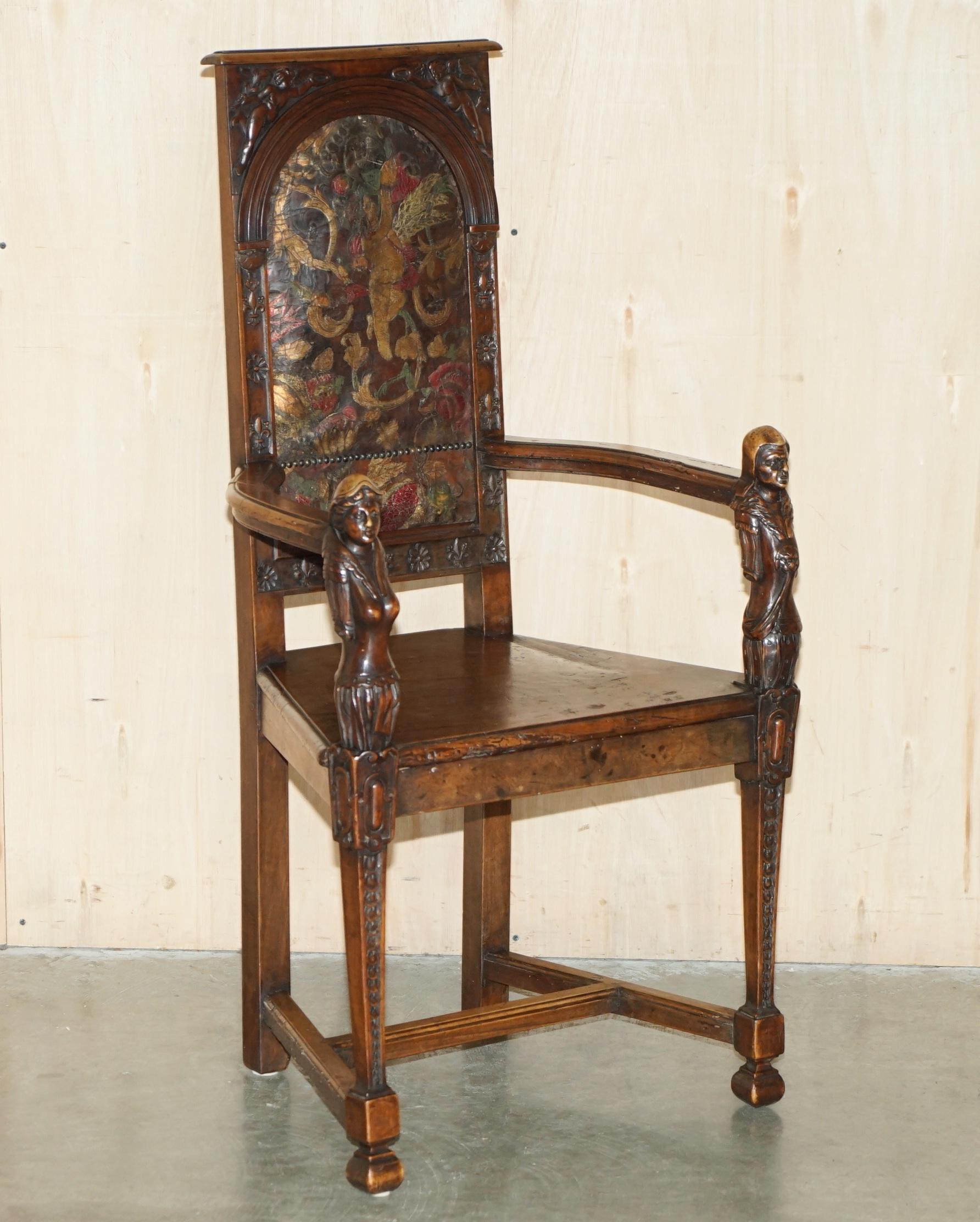 PAIR OF ANTIQUE 1640 CAQUETOIRE CARVED WALNUT POLYCHROME PAINTED ARMCHAIRs For Sale 6