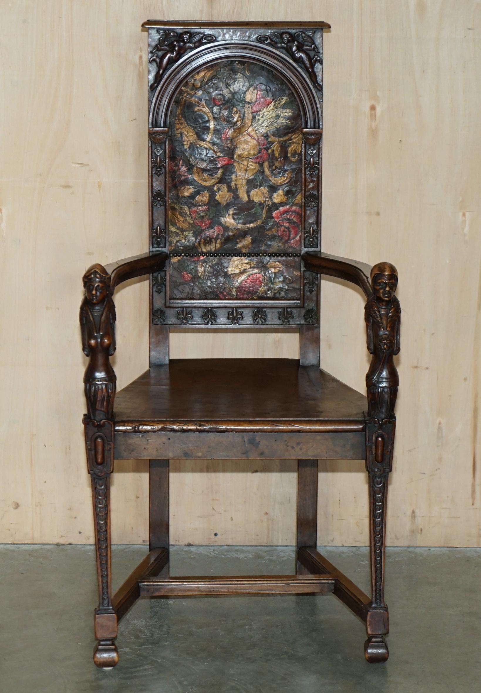 PAIR OF ANTIQUE 1640 CAQUETOIRE CARVED WALNUT POLYCHROME PAINTED ARMCHAIRs For Sale 7