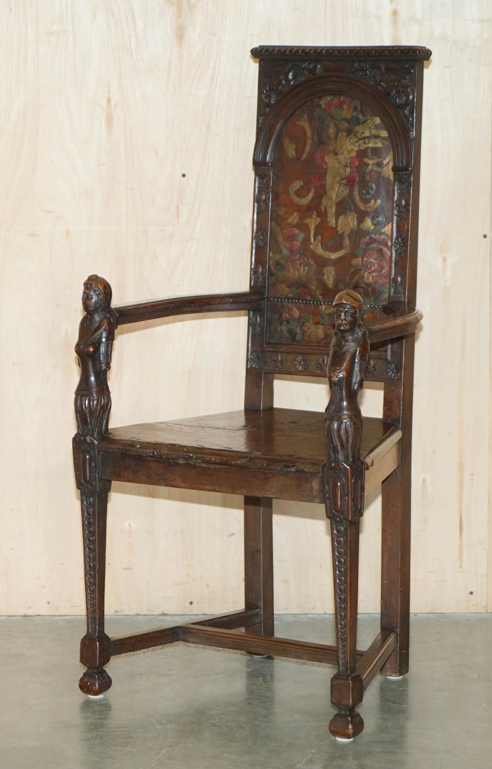 Royal House Antiques

Royal House Antiques is delighted to offer for sale this super rare pair of totally original 17th century circa 1640-1680 French Caquetoire armchairs with ornately carved arms and period, Polychrome painted leather back