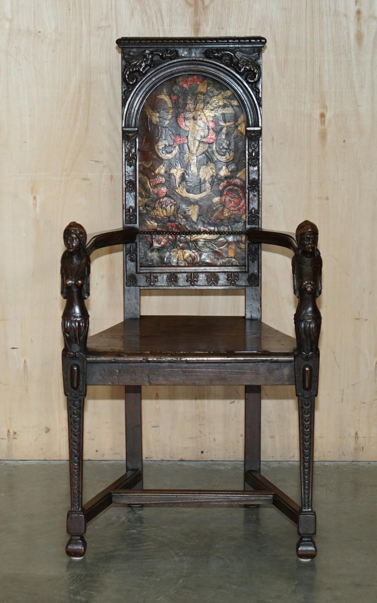 Charles II PAIR OF ANTIQUE 1640 CAQUETOIRE CARVED WALNUT POLYCHROME PAINTED ARMCHAIRs For Sale