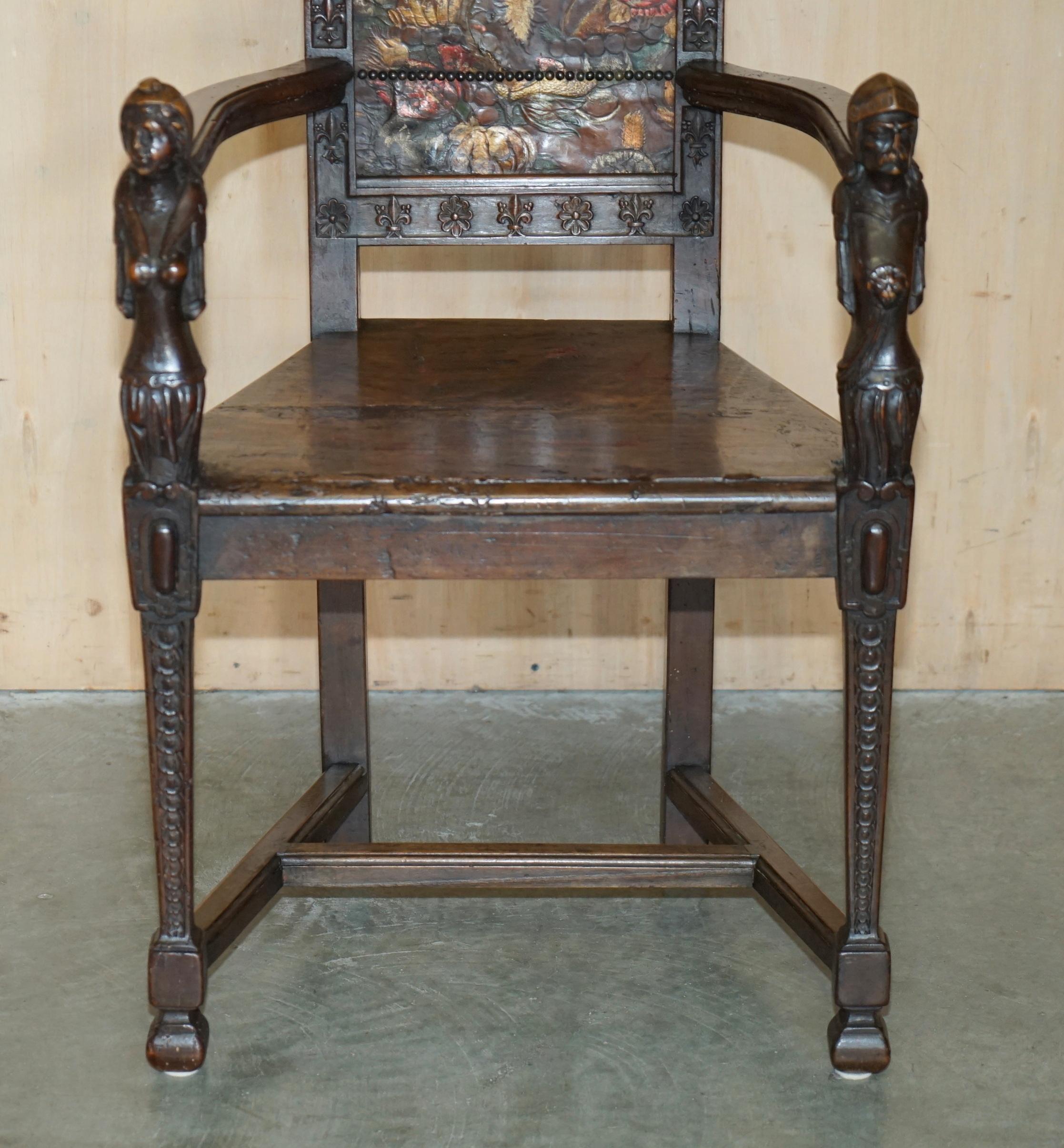 PAIR OF ANTIQUE 1640 CAQUETOIRE CARVED WALNUT POLYCHROME PAINTED ARMCHAIRs For Sale 2