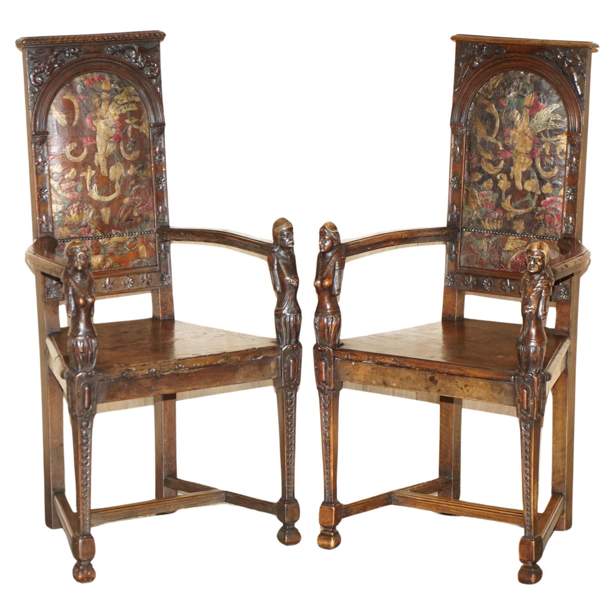 PAIR OF ANTIQUE 1640 CAQUETOIRE CARVED WALNUT POLYCHROME PAINTED ARMCHAIRs For Sale