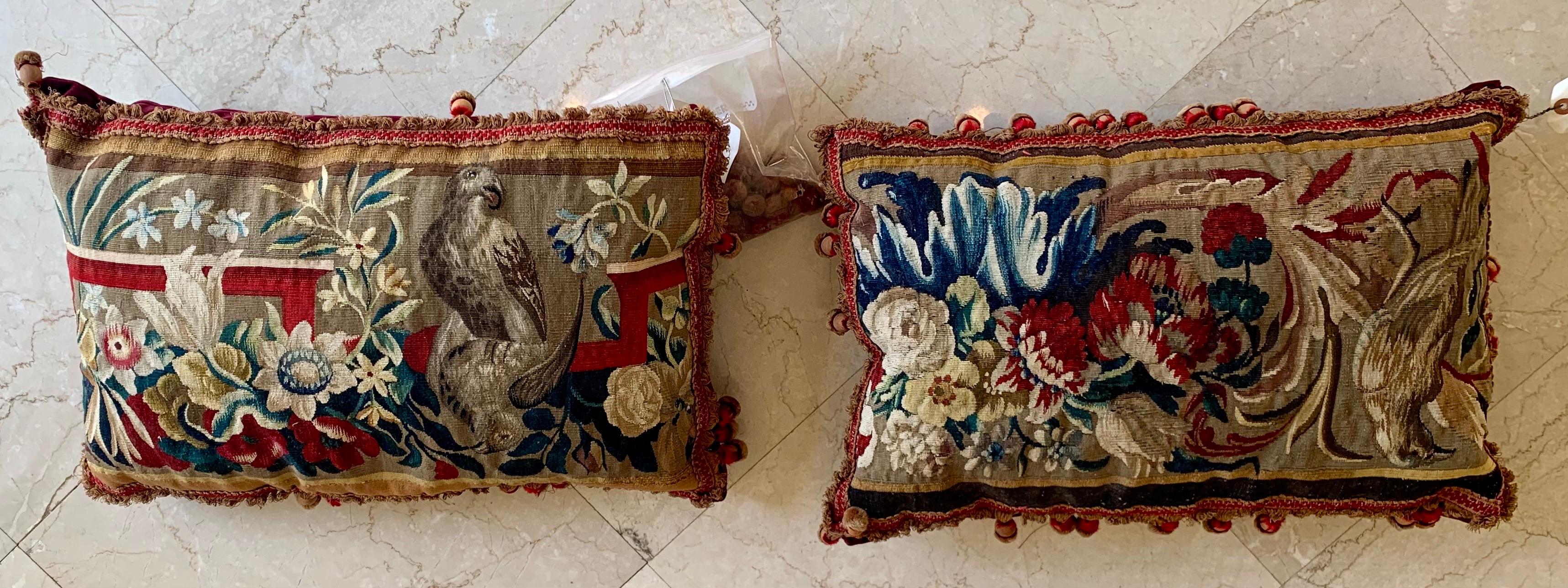 Hand-Woven Pair of Shahkar Antique Pillows with Foliage and Petite Tassels