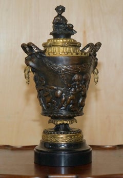 PAIR OF ANTIQUE 1870 GRAND TOUR BRONZE MARBLE CLODION BACCHANALIA CASSOLETTEs