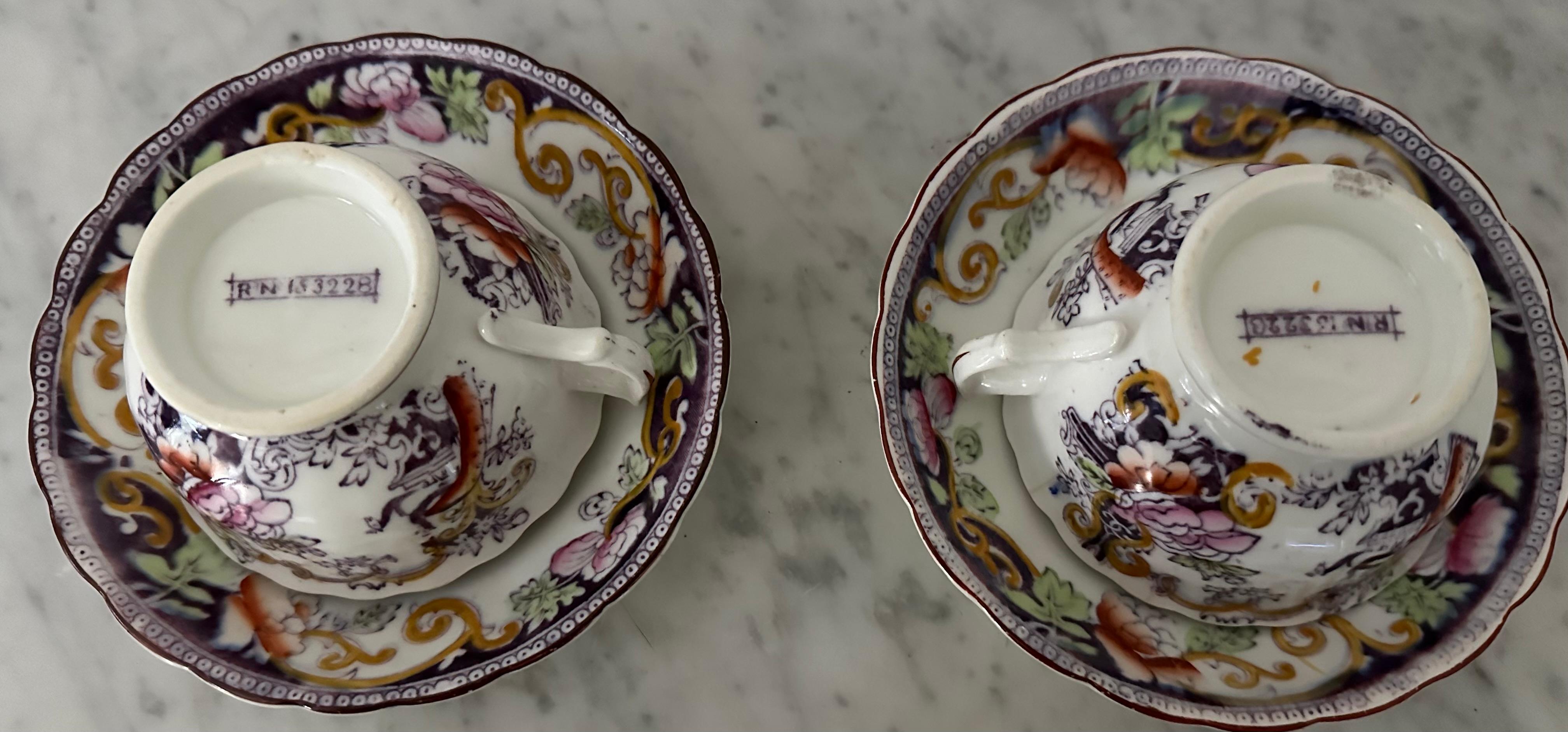 Pair of Antique 1890 English Bone China Tea Cup and Saucer Sets For Sale 5