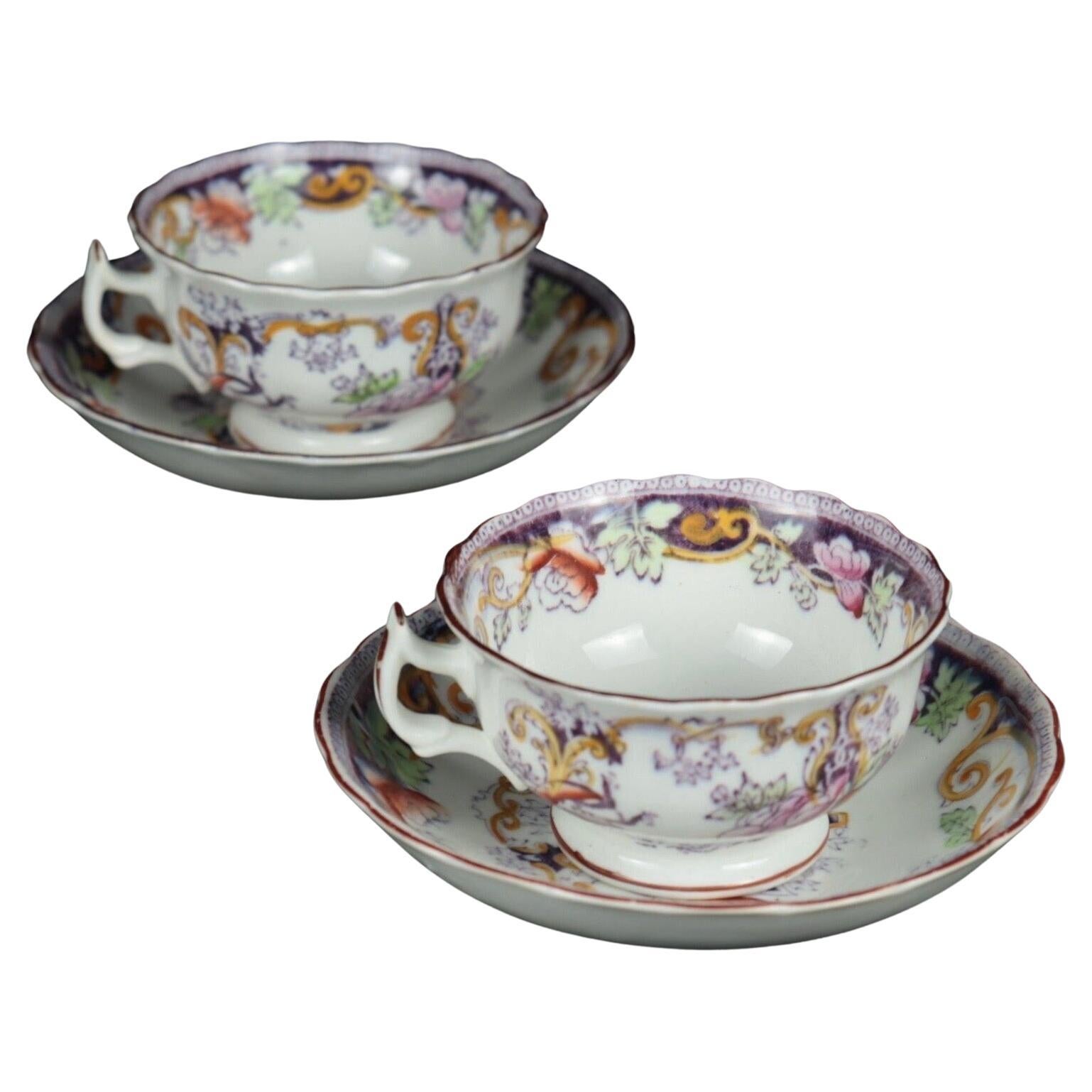 Victorian Pair of Antique 1890 English Bone China Tea Cup and Saucer Sets For Sale
