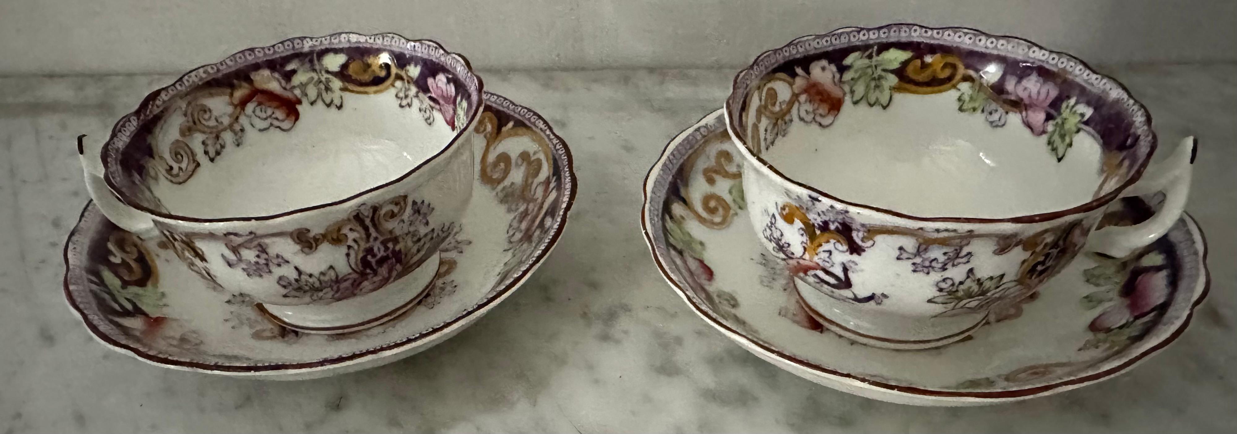 Pair of Antique 1890 English Bone China Tea Cup and Saucer Sets For Sale 2