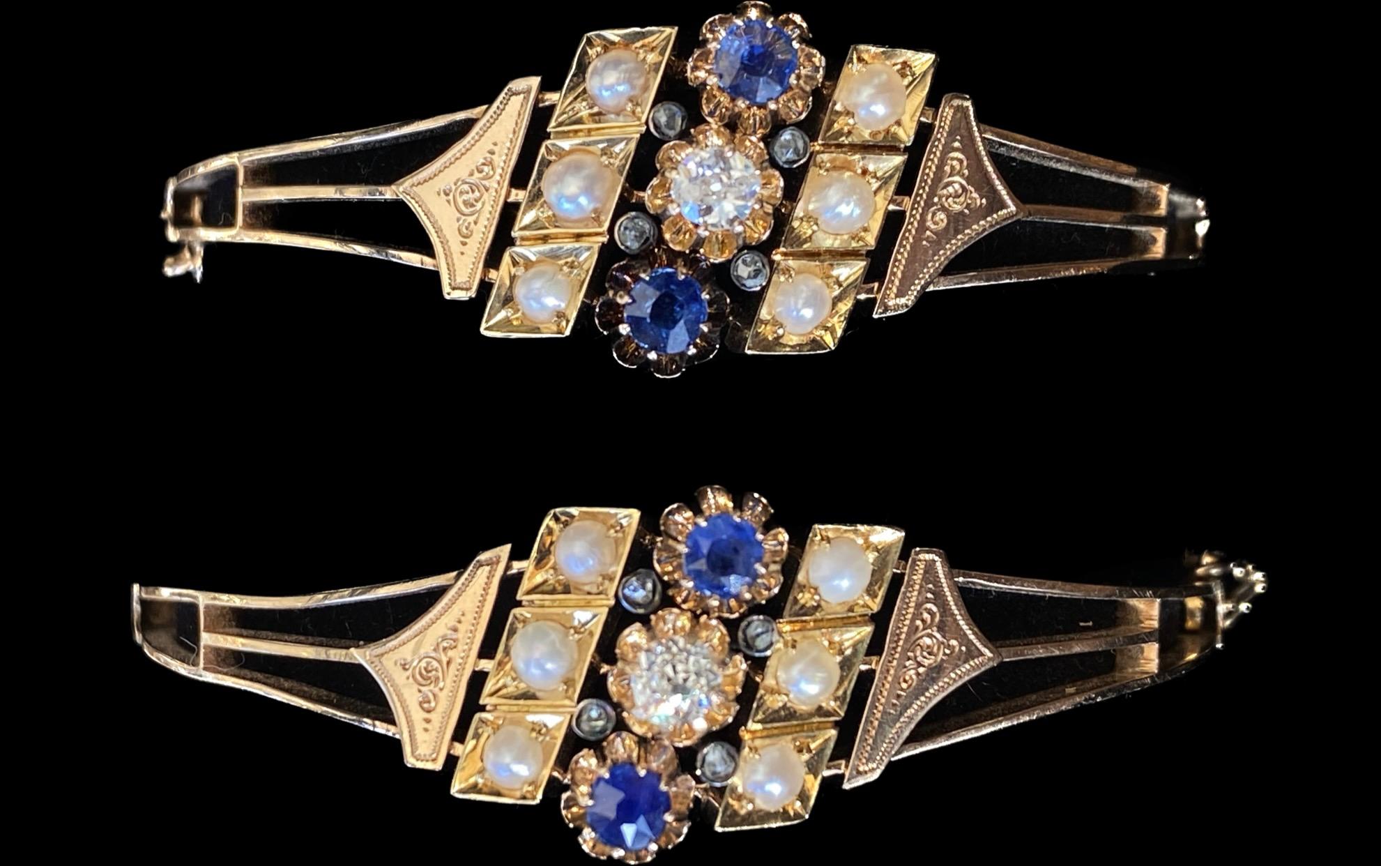 Old Mine Cut Pair of Antique 1891 Victorian 14k Gold Sapphire, Diamond, Pearl Wedding Bangles For Sale