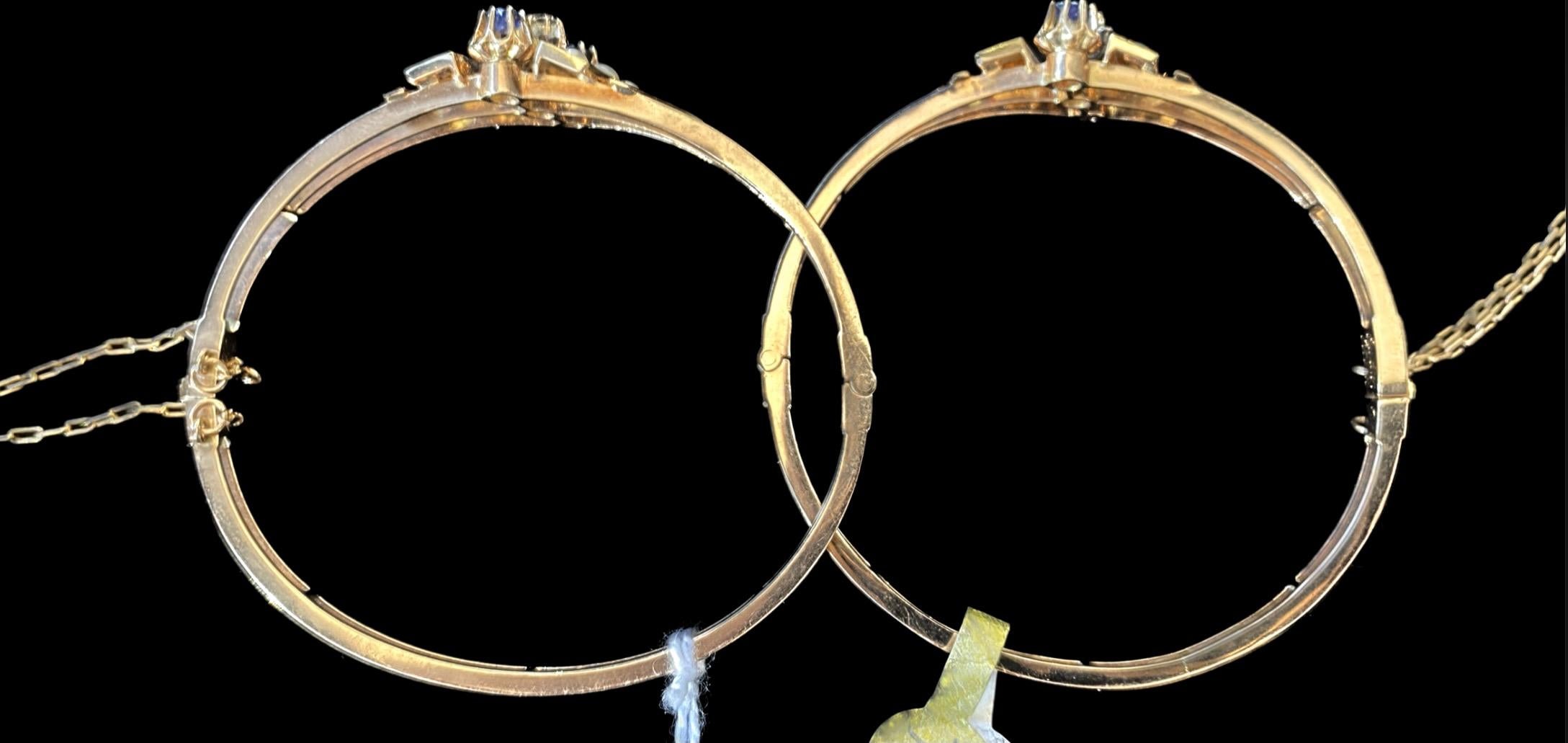 Women's Pair of Antique 1891 Victorian 14k Gold Sapphire, Diamond, Pearl Wedding Bangles For Sale