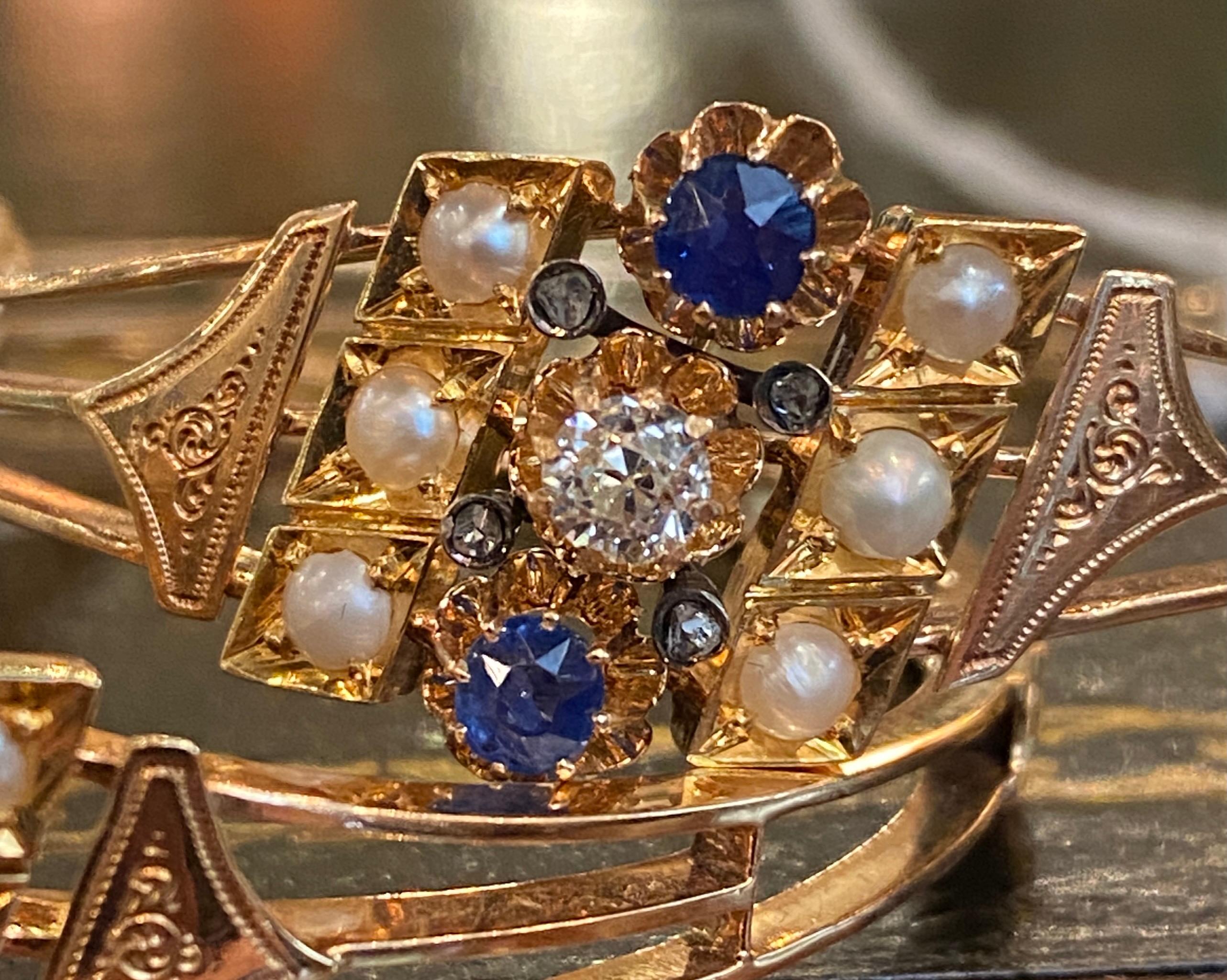 Pair of Antique 1891 Victorian 14k Gold Sapphire, Diamond, Pearl Wedding Bangles For Sale 1