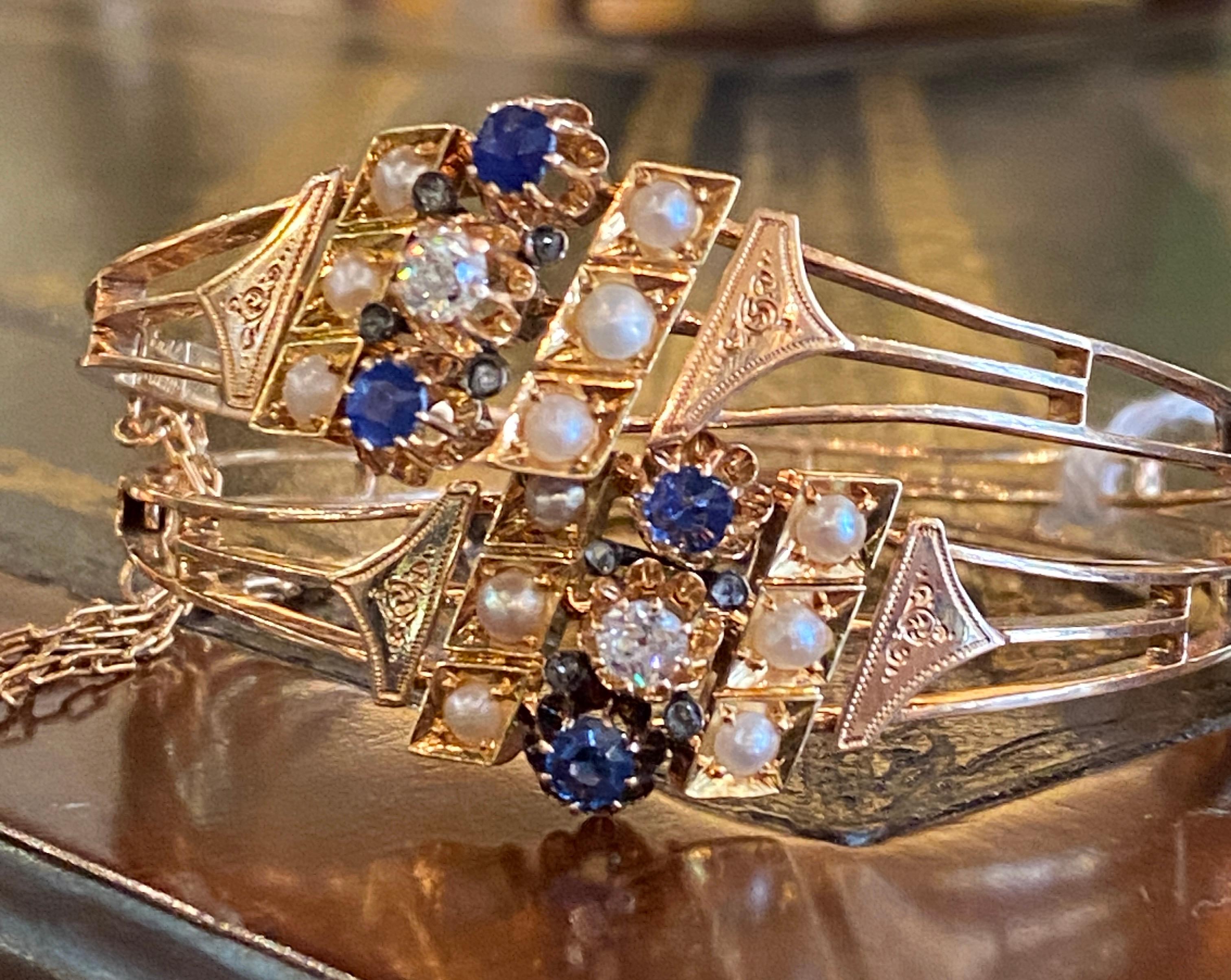 Pair of Antique 1891 Victorian 14k Gold Sapphire, Diamond, Pearl Wedding Bangles For Sale 3