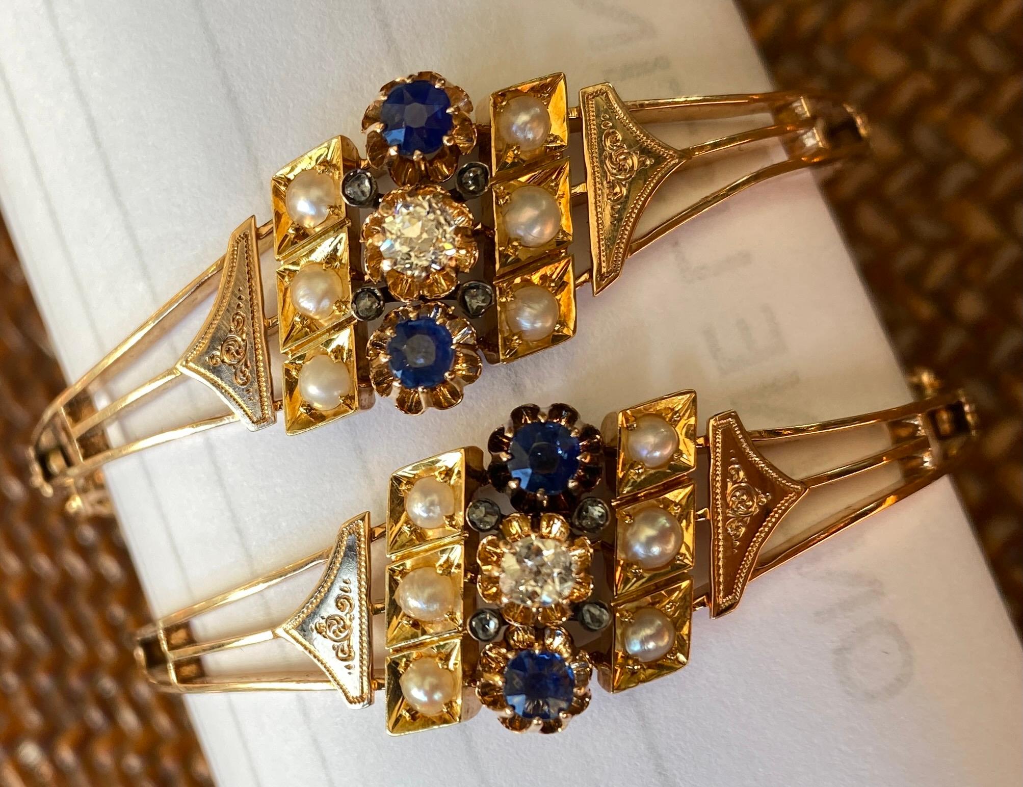 Pair of Antique 1891 Victorian 14k Gold Sapphire, Diamond, Pearl Wedding Bangles For Sale 4
