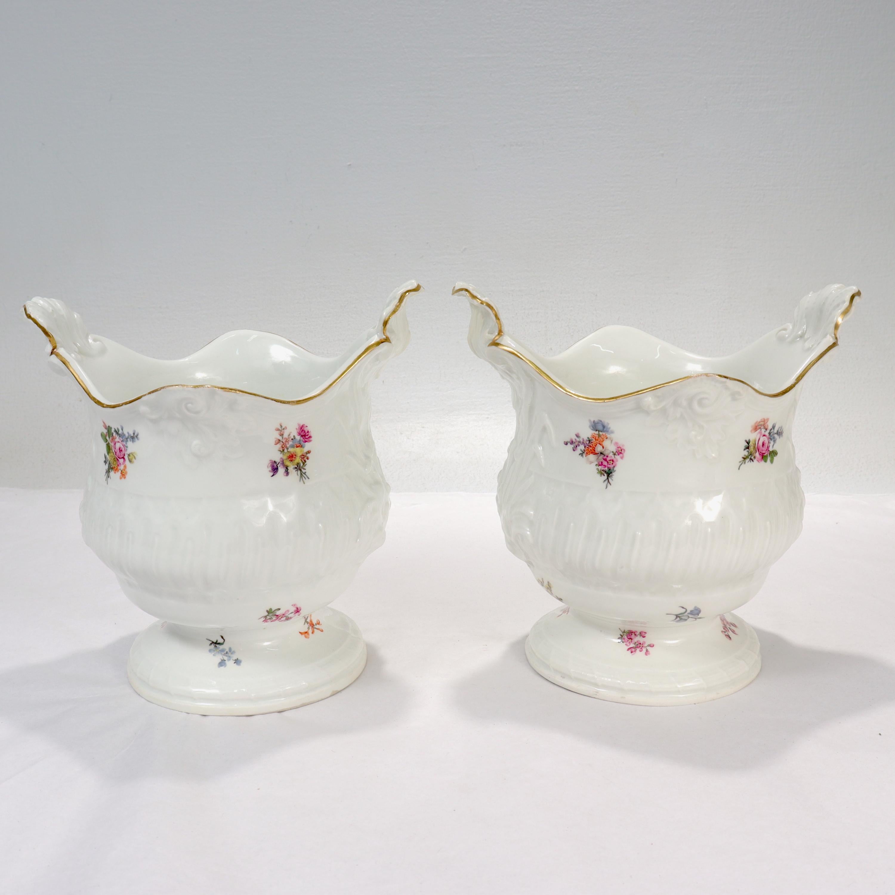 Hand-Painted Pair of Antique 18th / 19th Century Meissen Porcelain Cachepots or Flower Pots For Sale