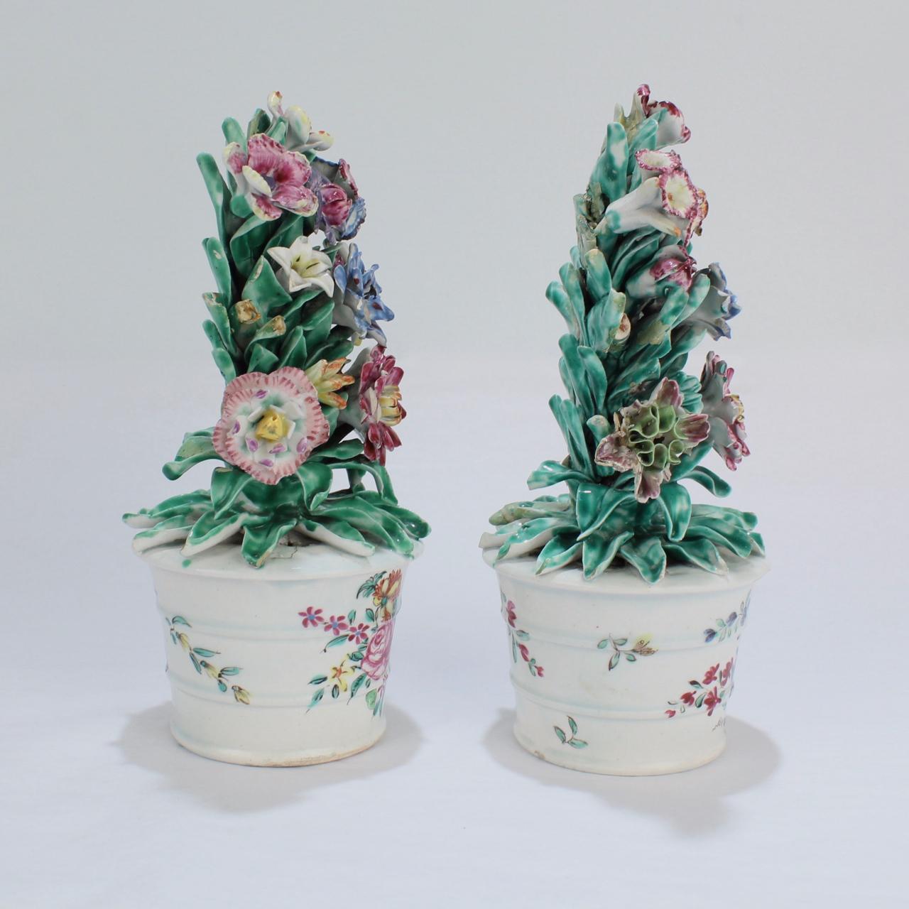 George II Pair of Antique 18th Century Bow Soft Paste Porcelain Flower Encrusted Cachepots