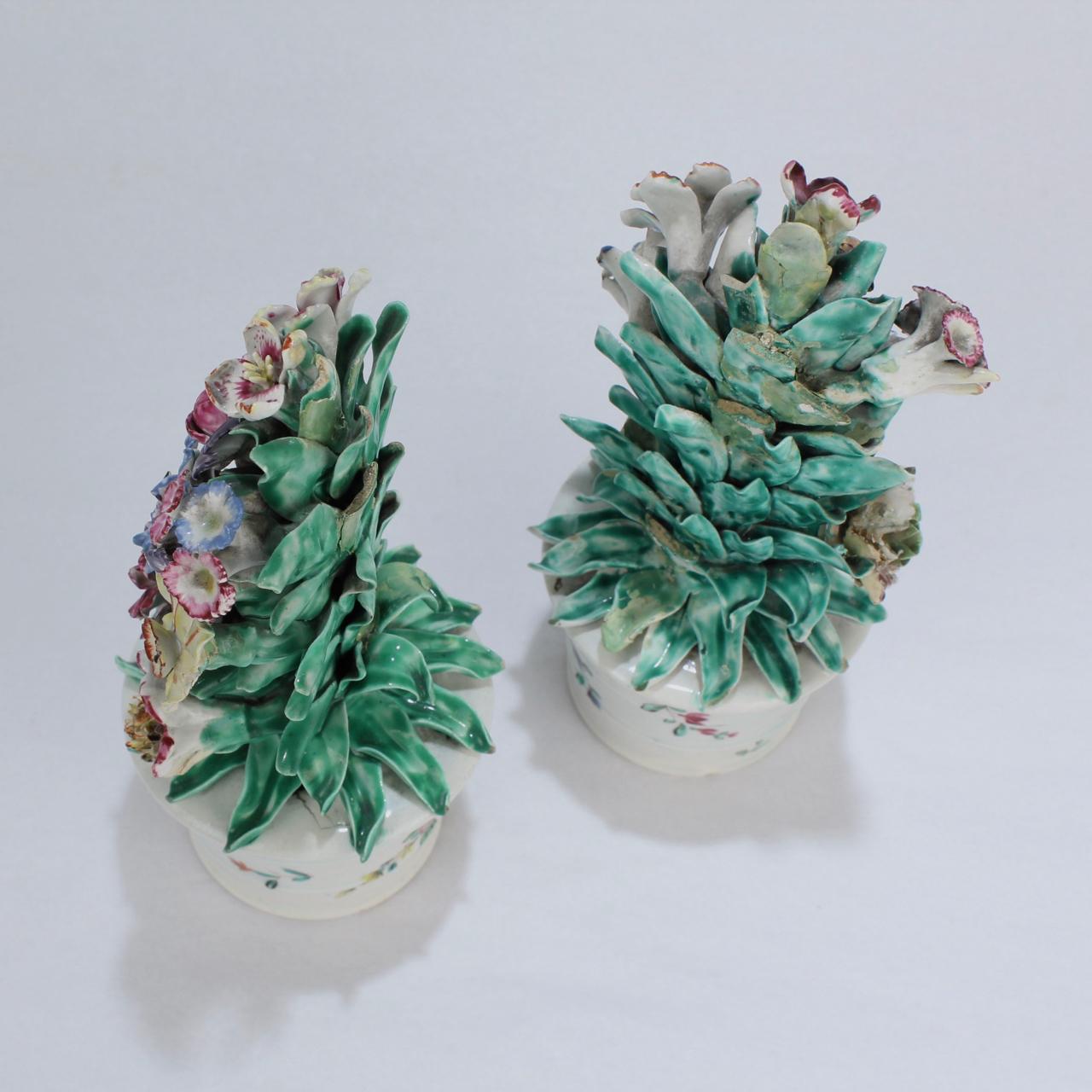 English Pair of Antique 18th Century Bow Soft Paste Porcelain Flower Encrusted Cachepots