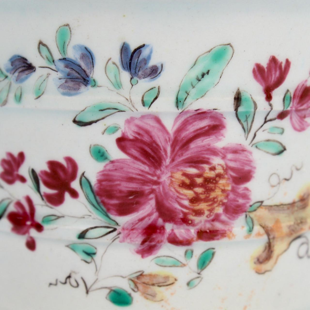 Pair of Antique 18th Century Bow Soft Paste Porcelain Flower Encrusted Cachepots 1