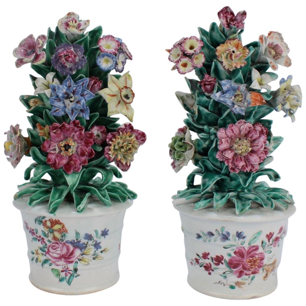 Pair of Antique 18th Century Bow Soft Paste Porcelain Flower Encrusted Cachepots