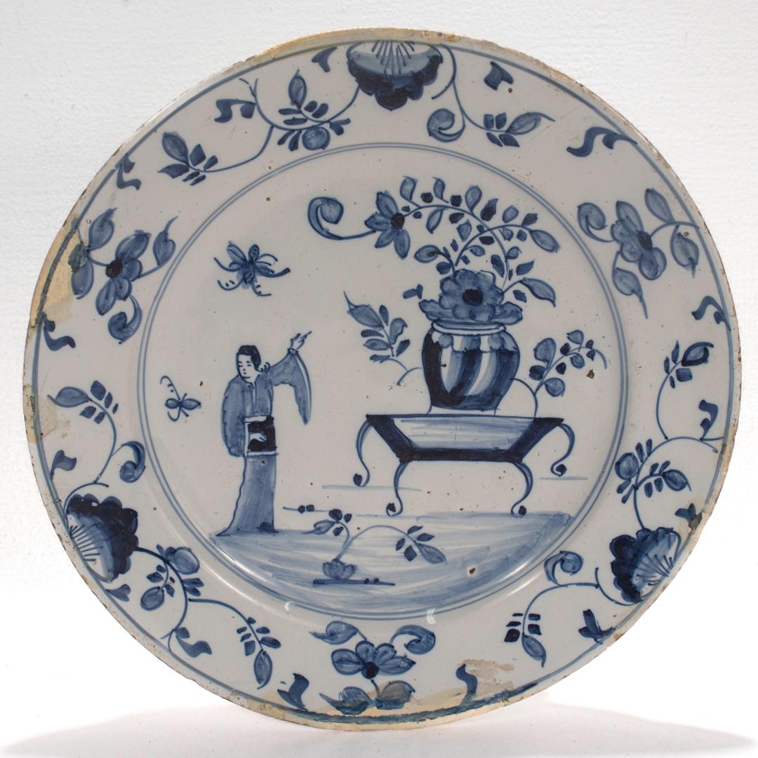 Pair of Antique 18th Century Dutch Delft Plates with Chinoiserie Decoration For Sale 8