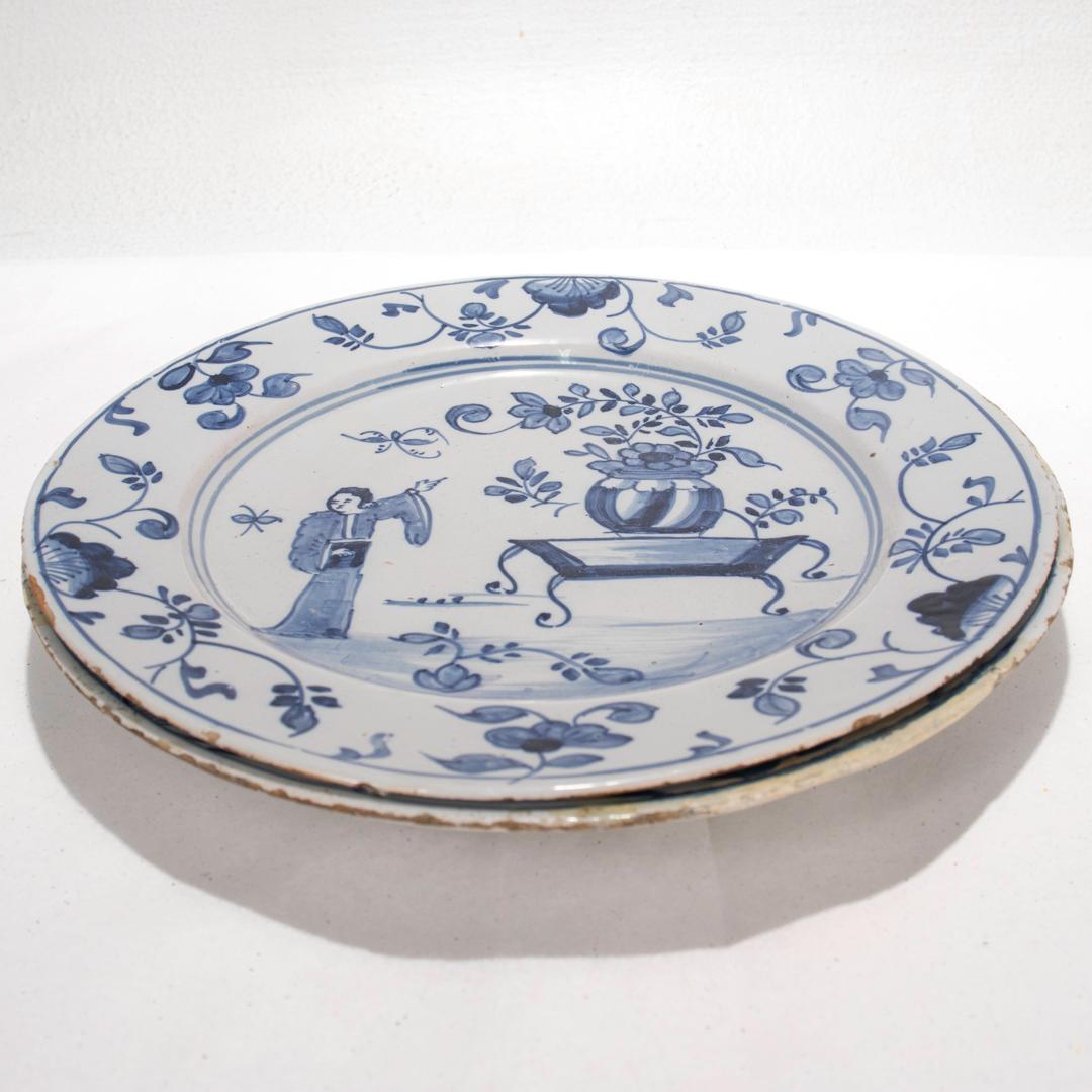 18th Century and Earlier Pair of Antique 18th Century Dutch Delft Plates with Chinoiserie Decoration For Sale