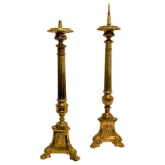 Pair of Antique 18th Century English Brass Old Gothic Church Candles