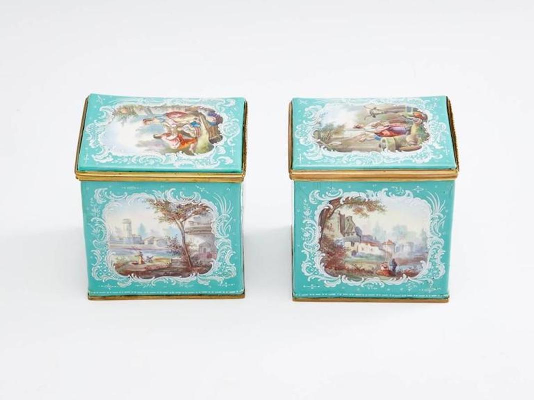 Copper Pair of Antique 18th Century French Enamel Tea Caddies Circa 1780-1790 For Sale